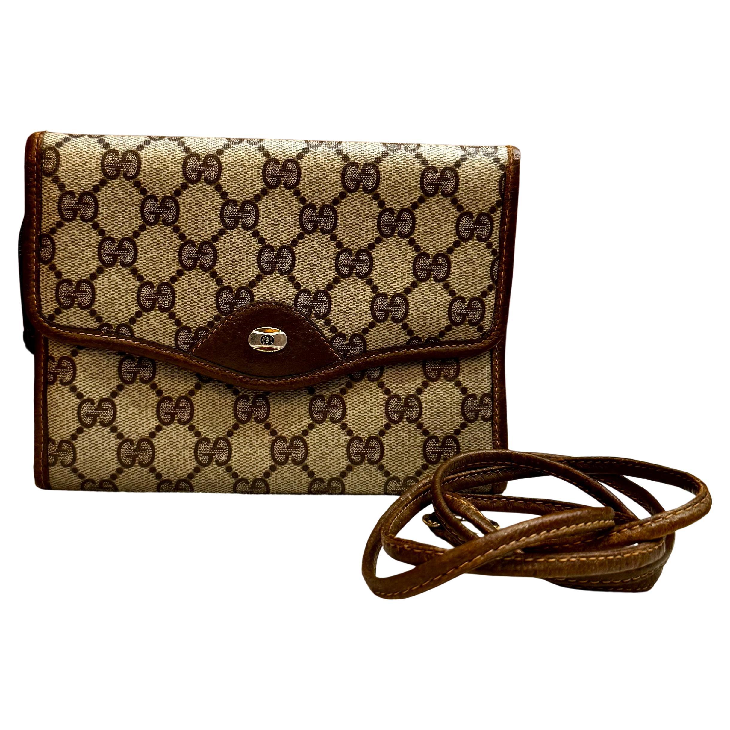 1980s Vintage GUCCI Monogram Canvas Mini Tri-Fold Crossbody Bag Brown For Sale