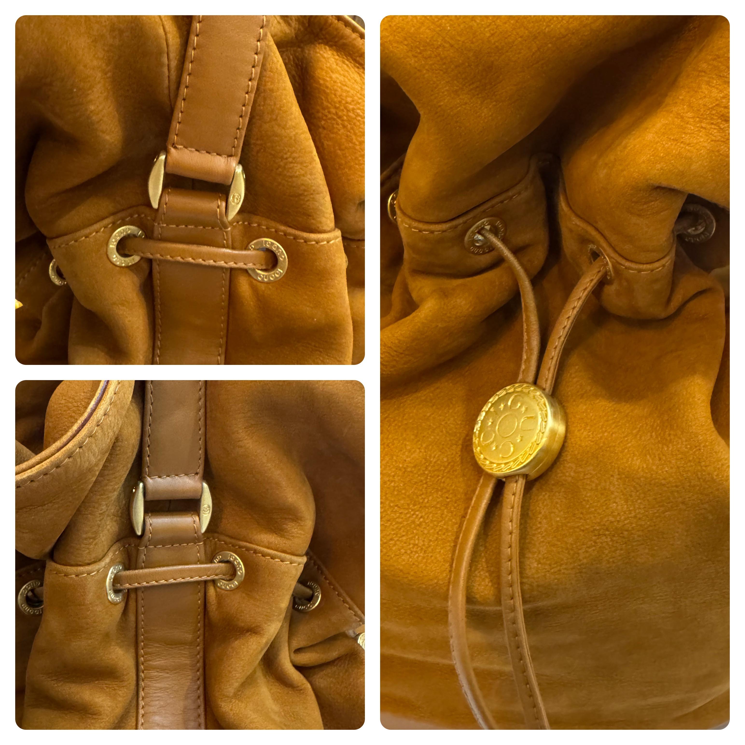 1980s Vintage GUCCI Nubuck Bucket Drawstring Shoulder Bag Caramel Large For Sale 1