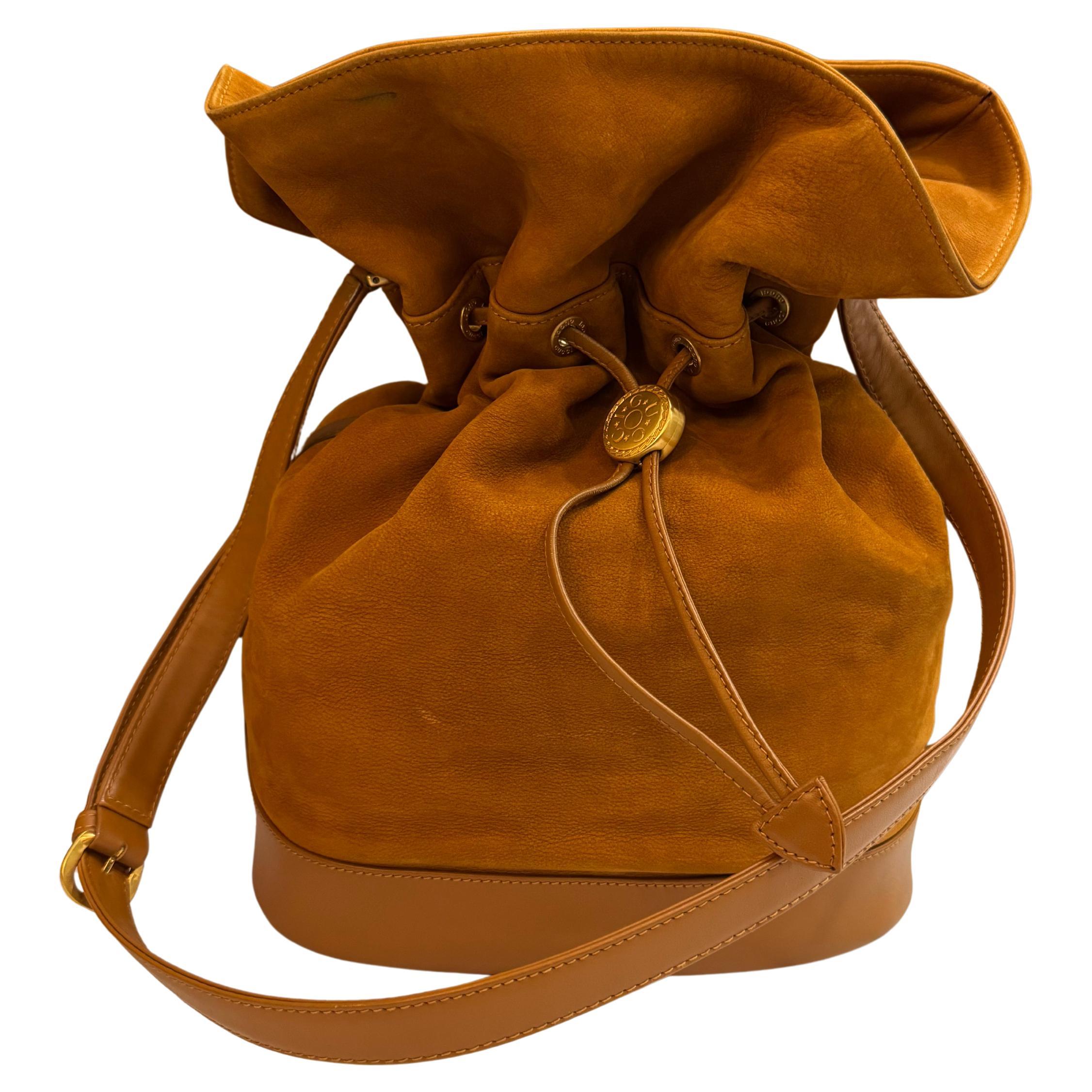 1980s Vintage GUCCI Nubuck Bucket Drawstring Shoulder Bag Caramel Large For Sale