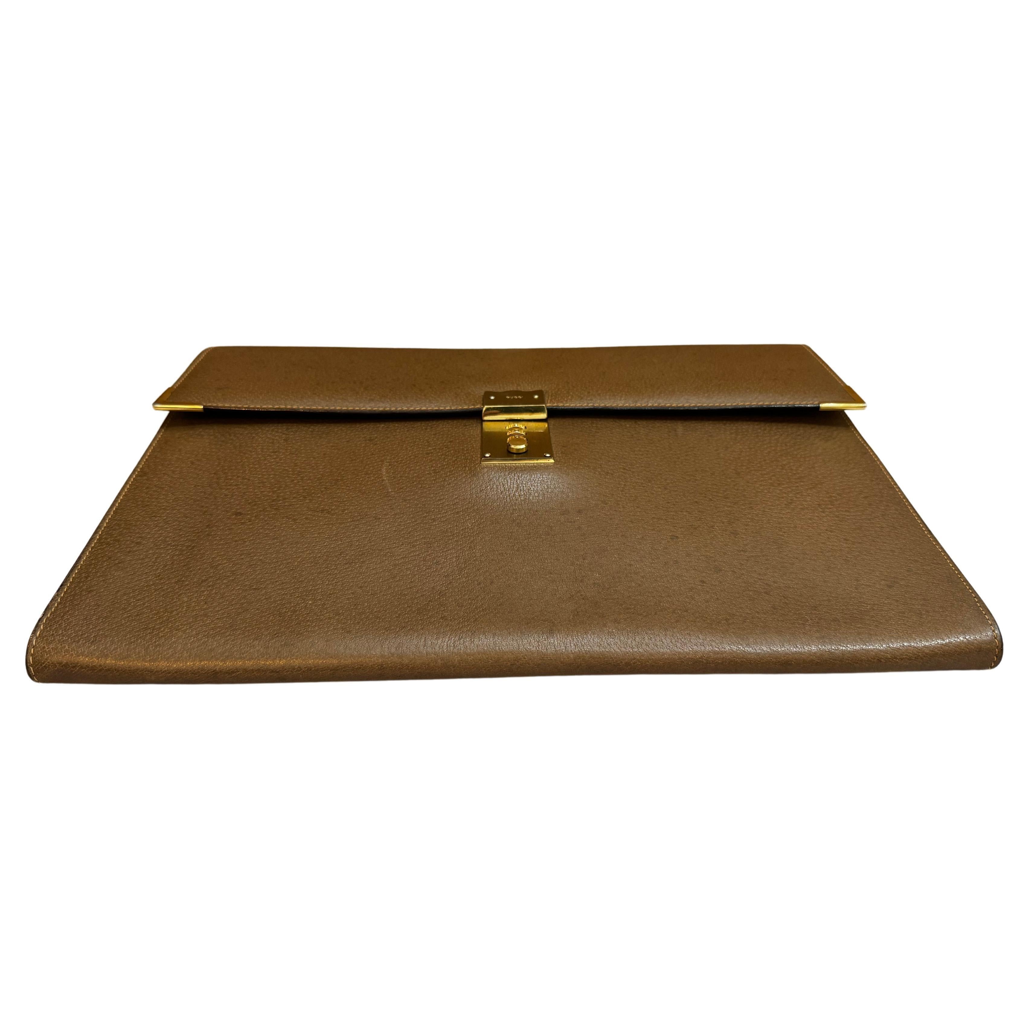 1980s Vintage GUCCI Pigskin Leather Document Clutch Bag Brown Large For Sale 8