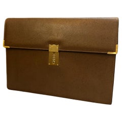 1980s Vintage GUCCI Pigskin Leather Document Clutch Bag Brown Large