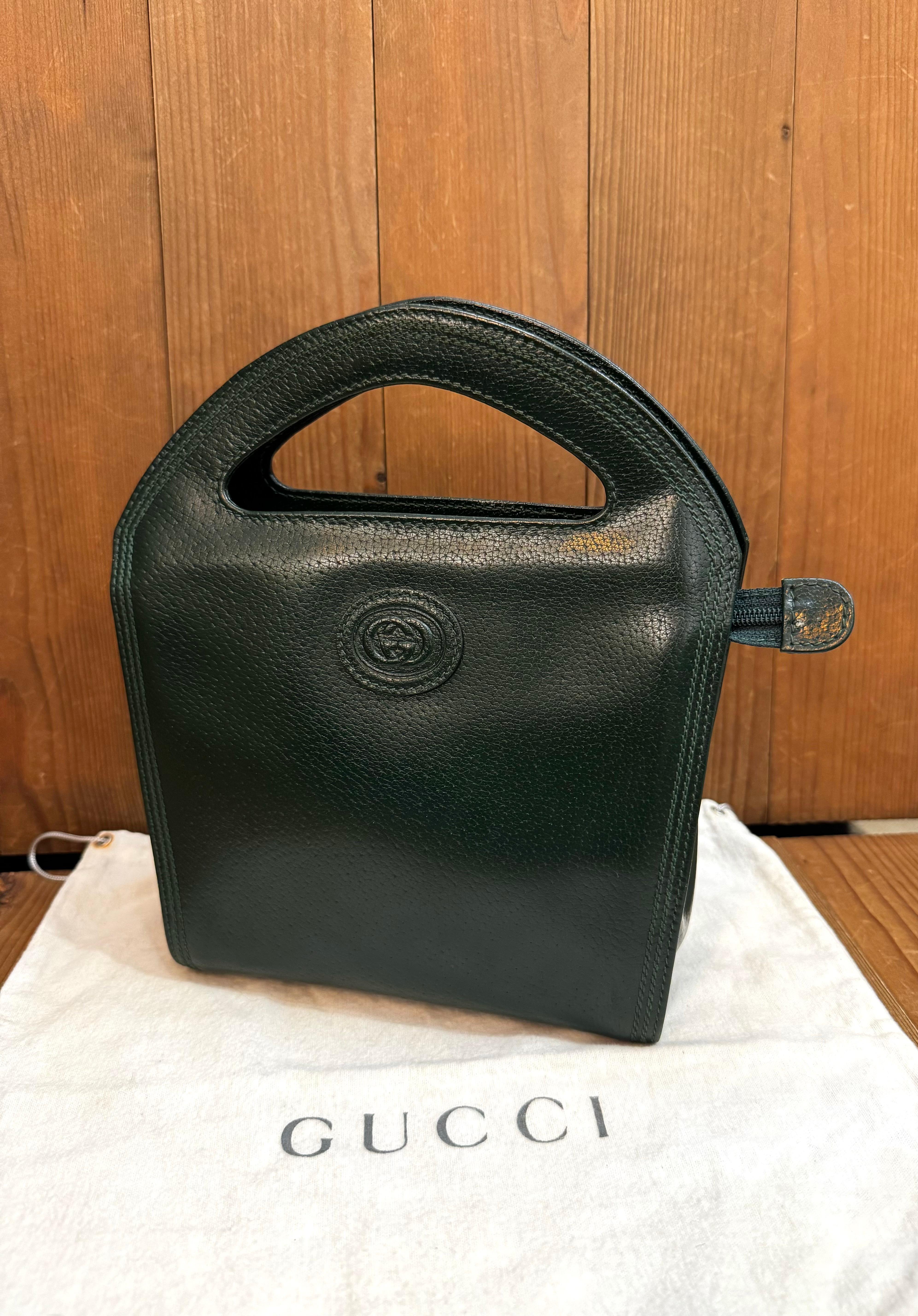 1980s Vintage GUCCI Mini Book Tote Bag Pigskin Leather Hunter Green 5