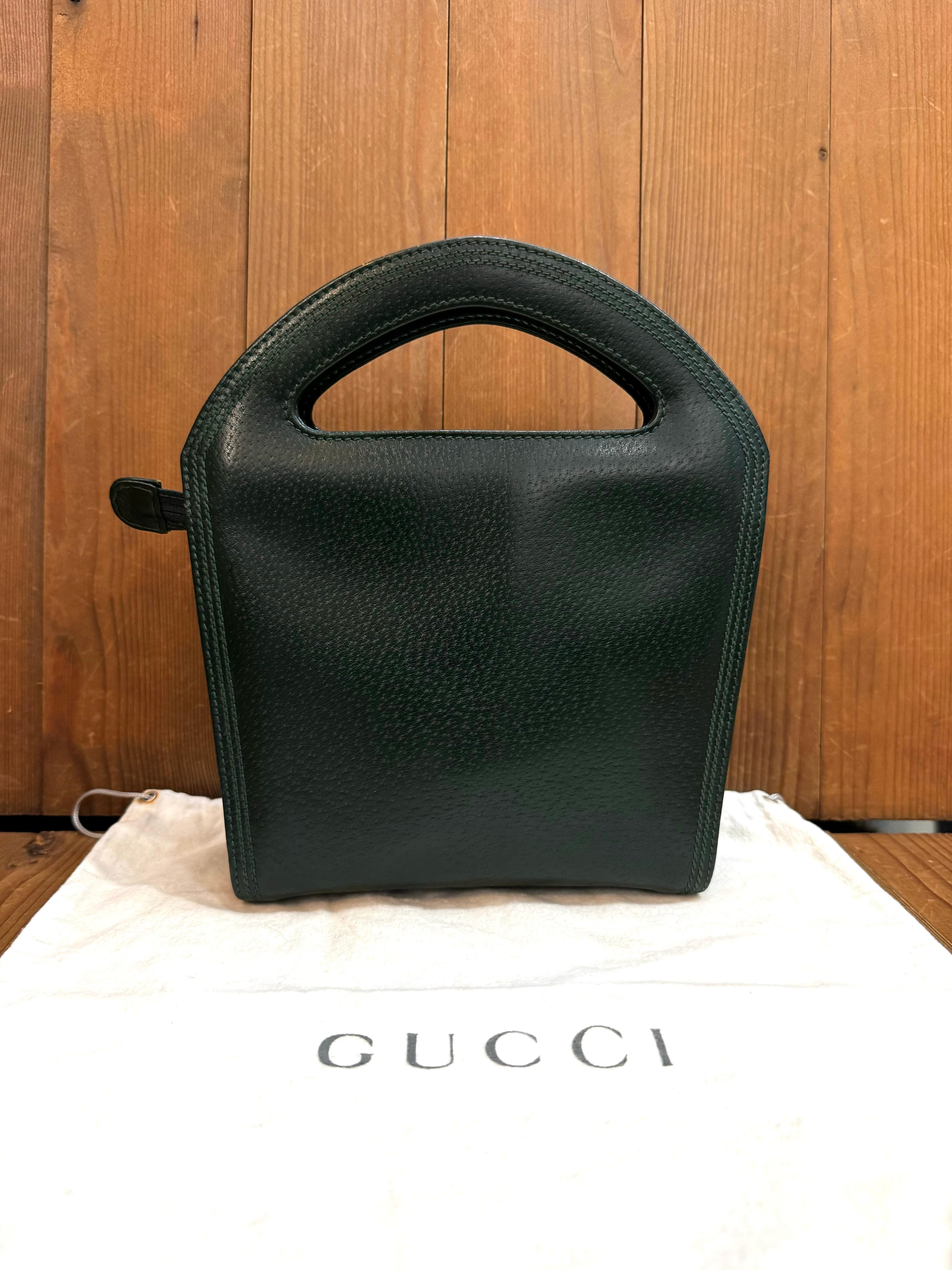 1980s Vintage GUCCI Mini Book Tote Bag Pigskin Leather Hunter Green 6