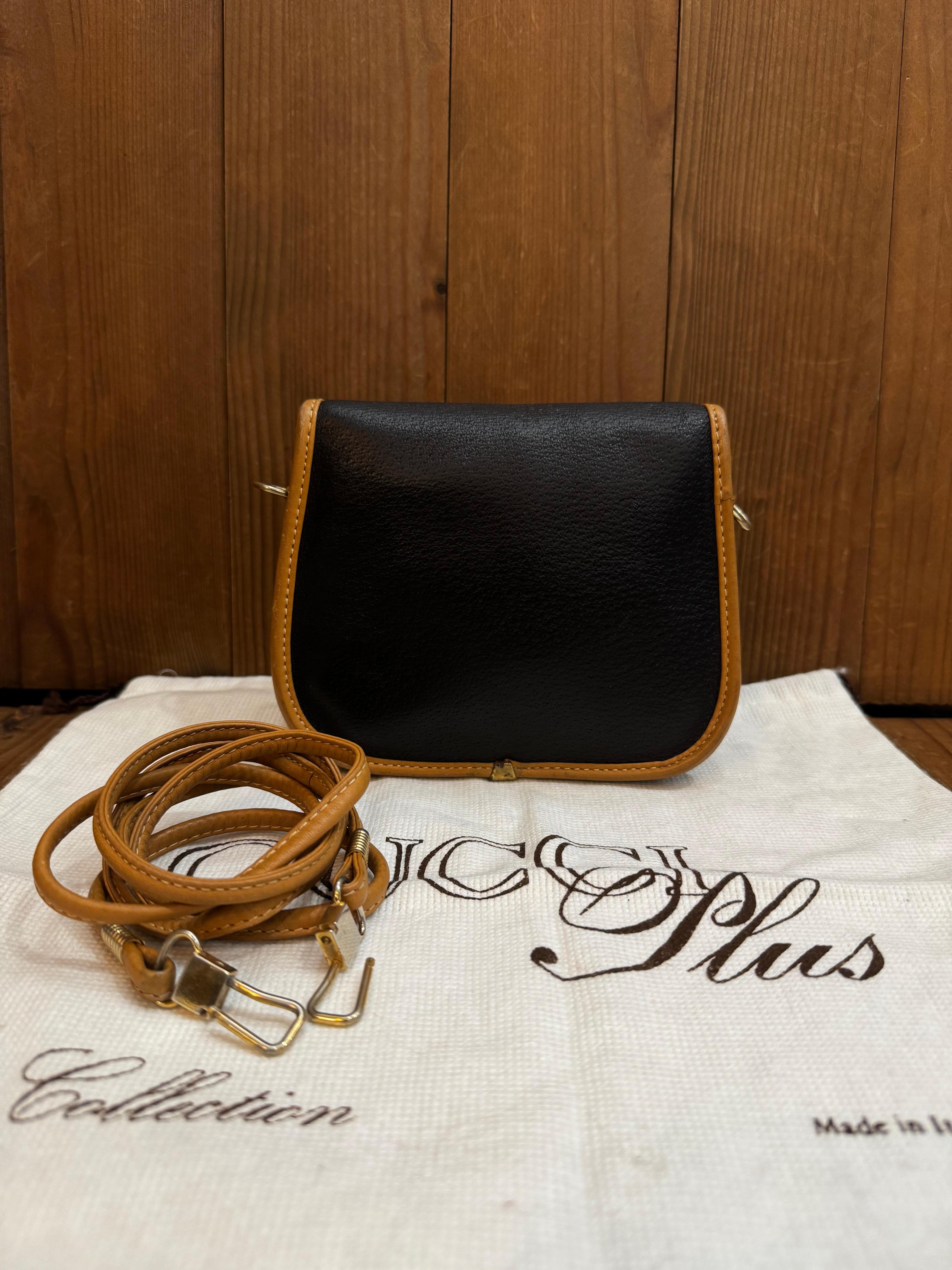 Women's or Men's 1980s Vintage GUCCI Plus Mini Crossbody Bag Black Beige Leather