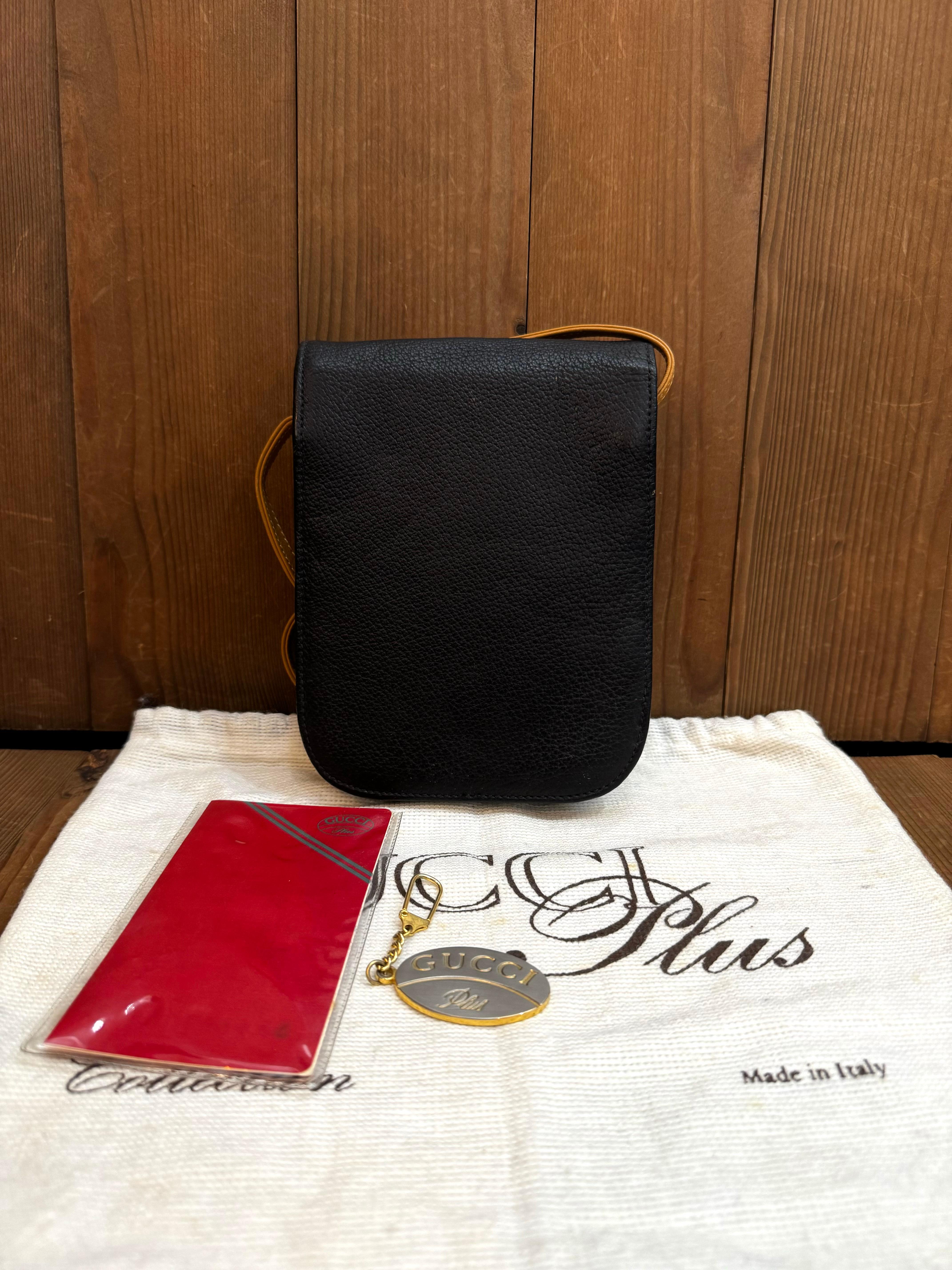 Women's or Men's 1980s Vintage GUCCI Plus Mini Leather Crossbody Bag Black Beige