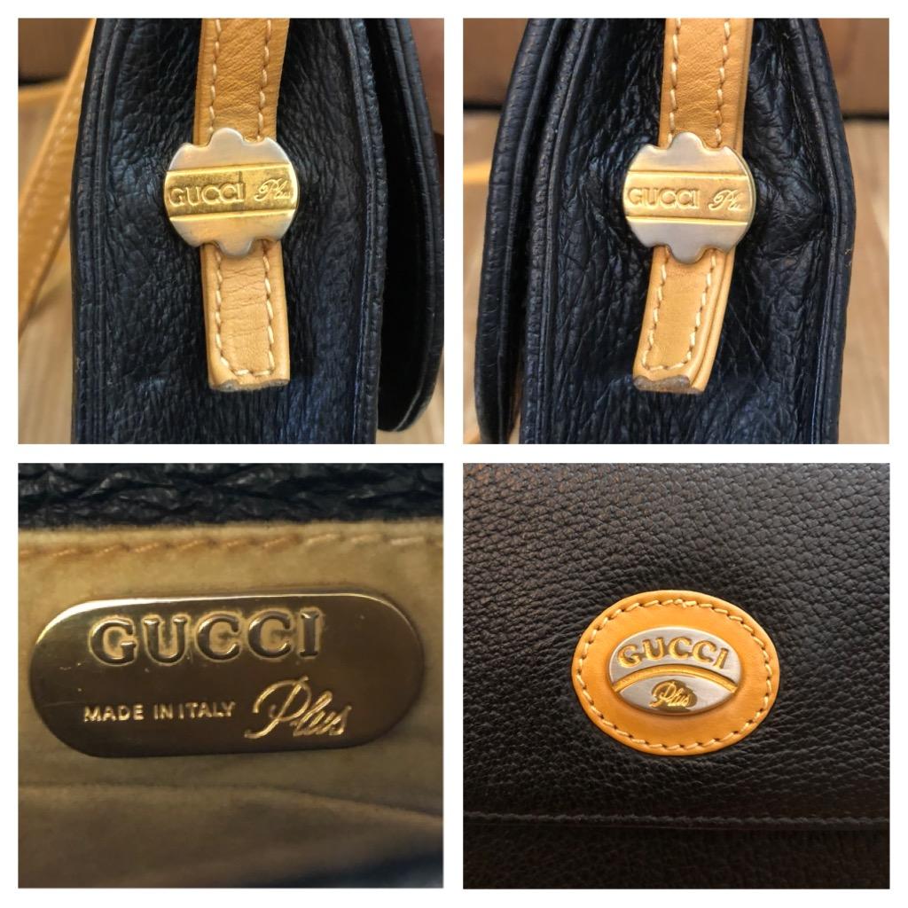 1980 Vintage GUCCI Plus Mini Leather Crossbody Bag Black Beige  en vente 3