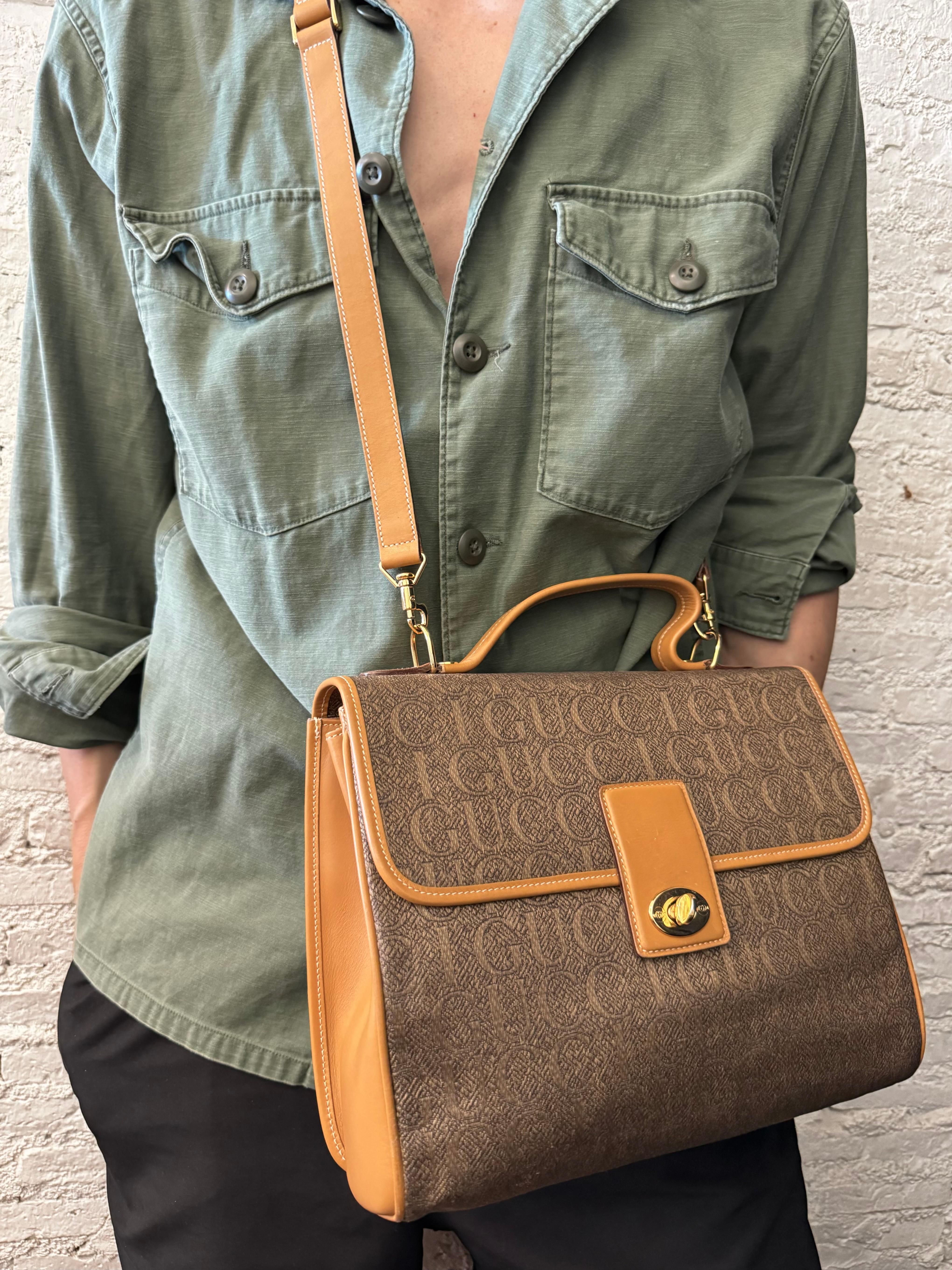 1980s Vintage GUCCI Silk Jacquard Two-Way Shoulder Bag Brown 8