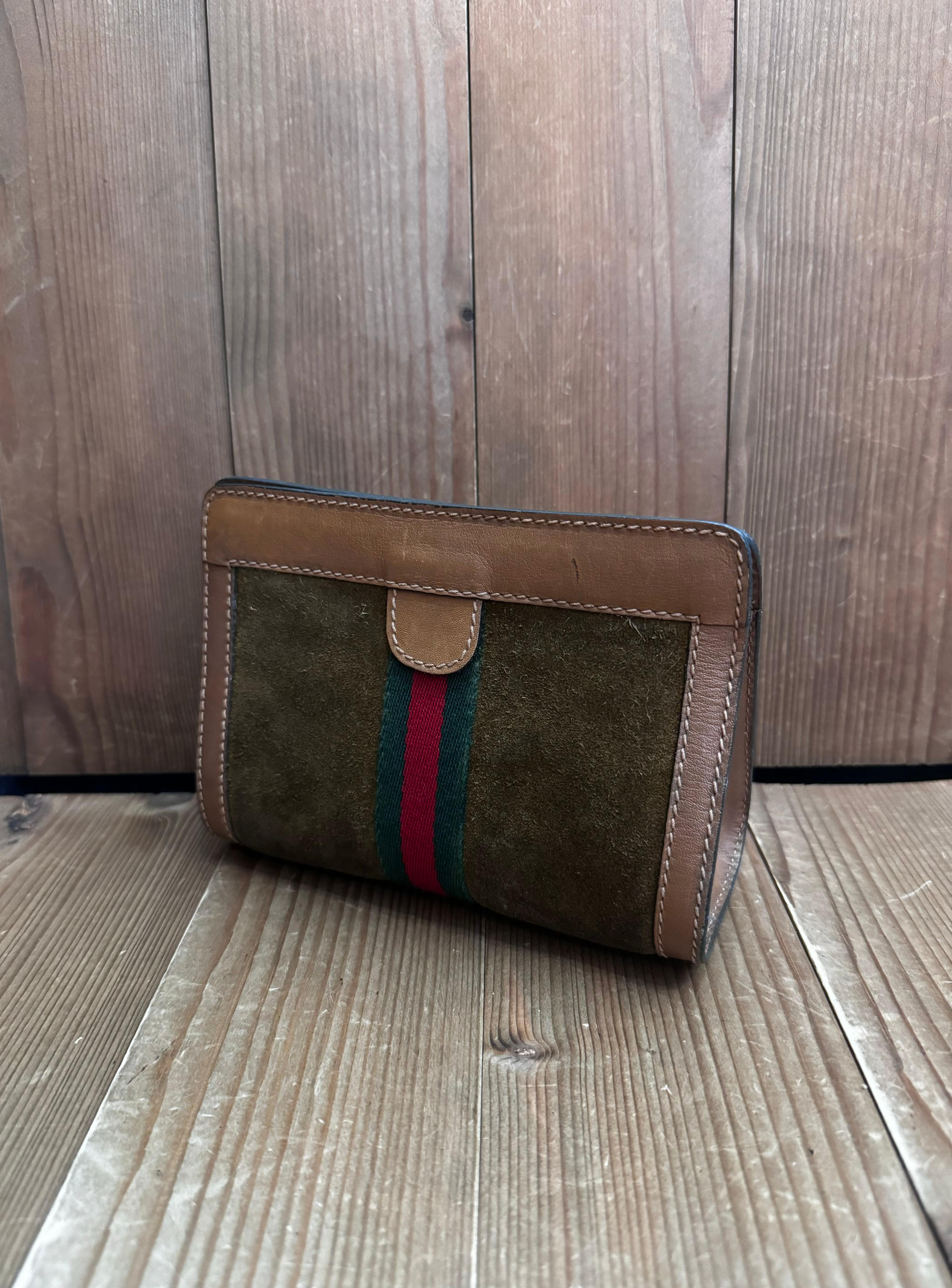 Noir 1980 Vintage GUCCI Web Nubuck Leather Vanity Putch Bag Small Brown