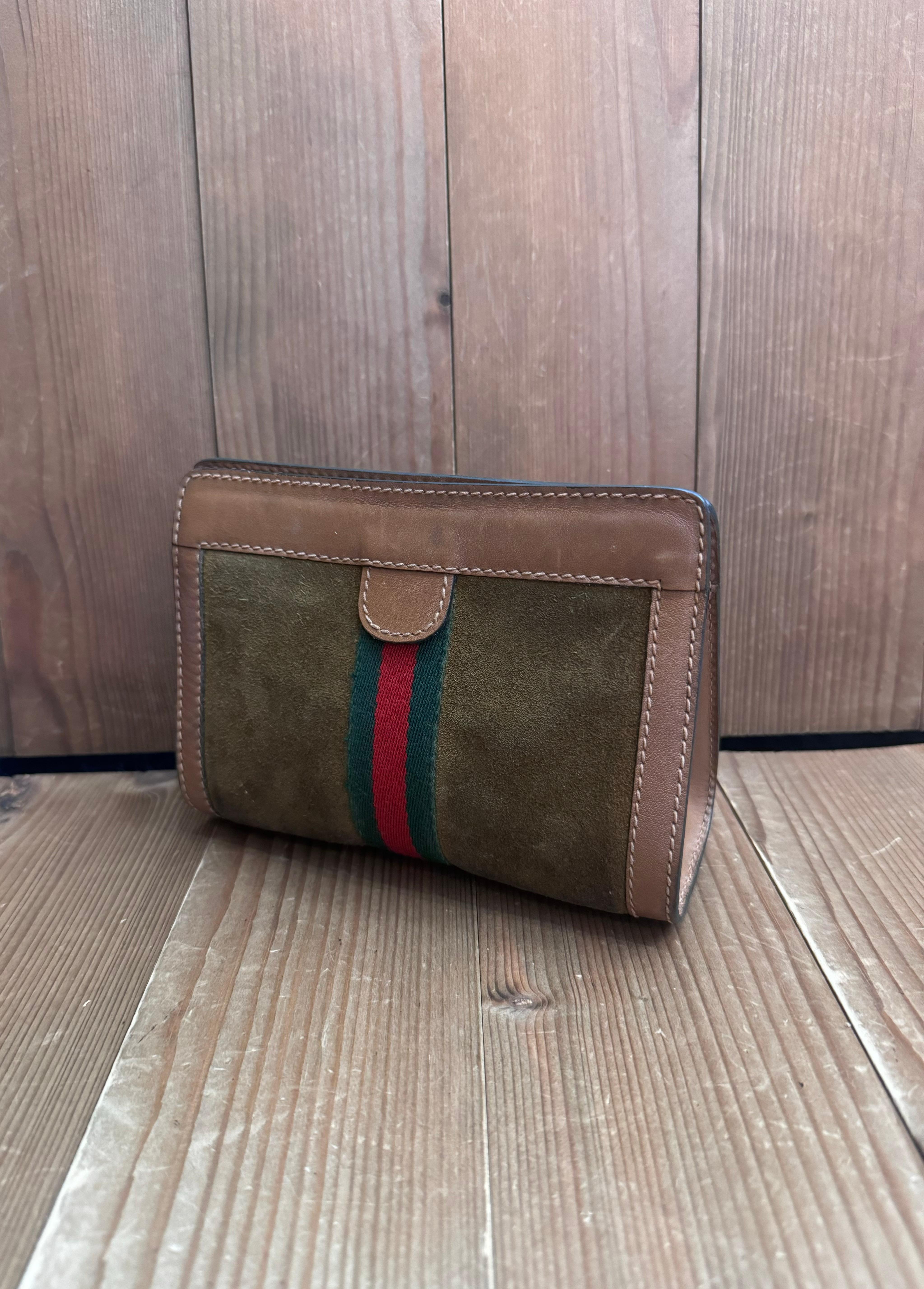  1980 Vintage GUCCI Web Nubuck Leather Vanity Putch Bag Small Brown Unisexe 