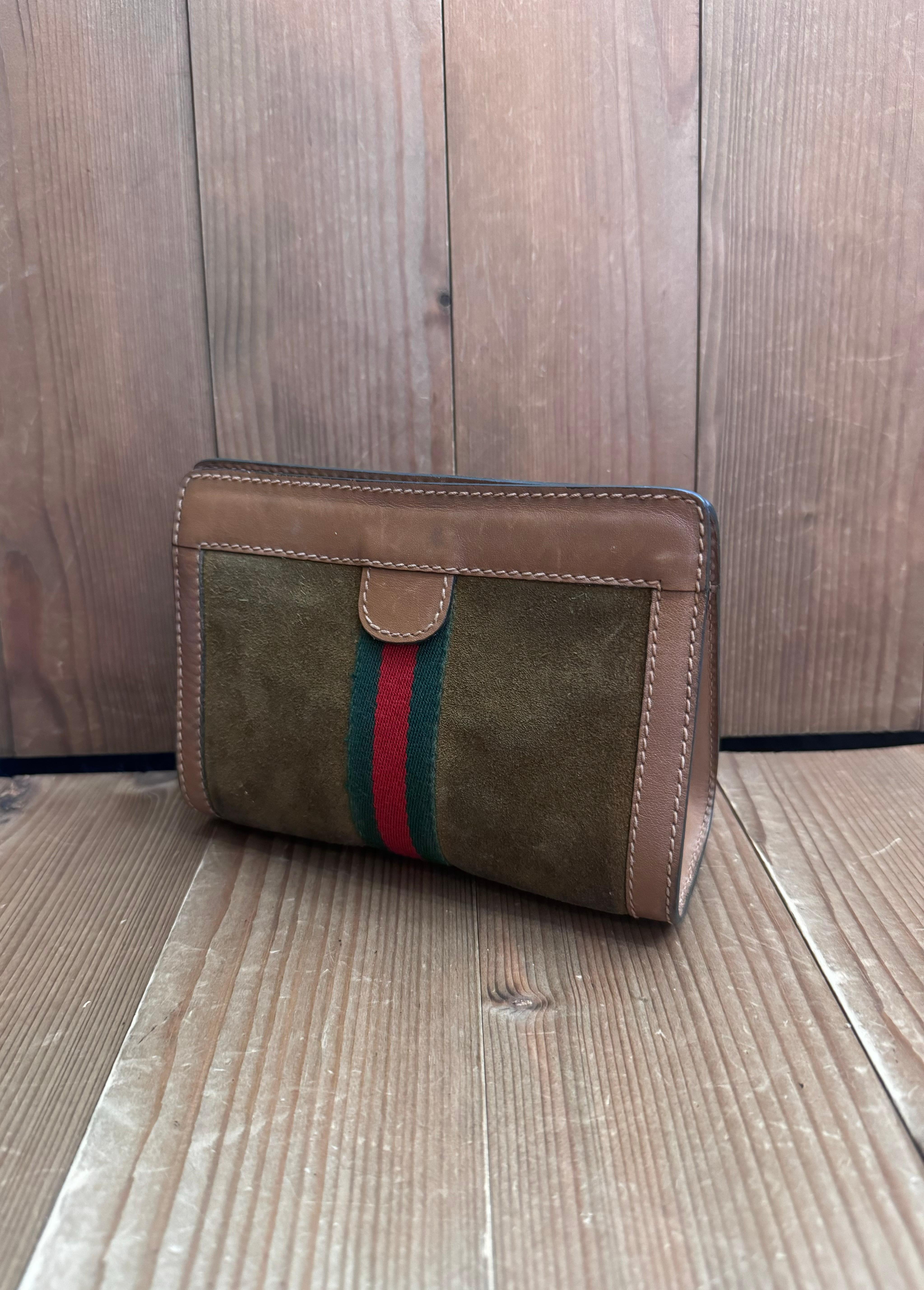 1980s Vintage GUCCI Web Suede Leather Vanity Clutch Bag Brown For Sale 1