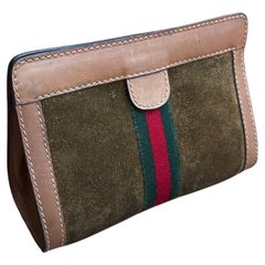 1980s Used GUCCI Web Suede Leather Vanity Clutch Bag Brown