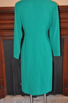 1980s Vintage Guy Laroche Green Wool Cocktail Dress with V-Neck