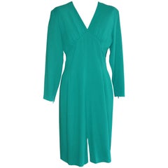 1980s Vintage Guy Laroche Green Wool Cocktail Dress with V-Neck