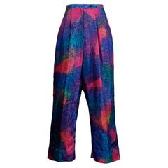 1980s Vintage Hand Dip Dyed Day-Glow Neon Rainbow Cropped Silk Trousers or Pants
