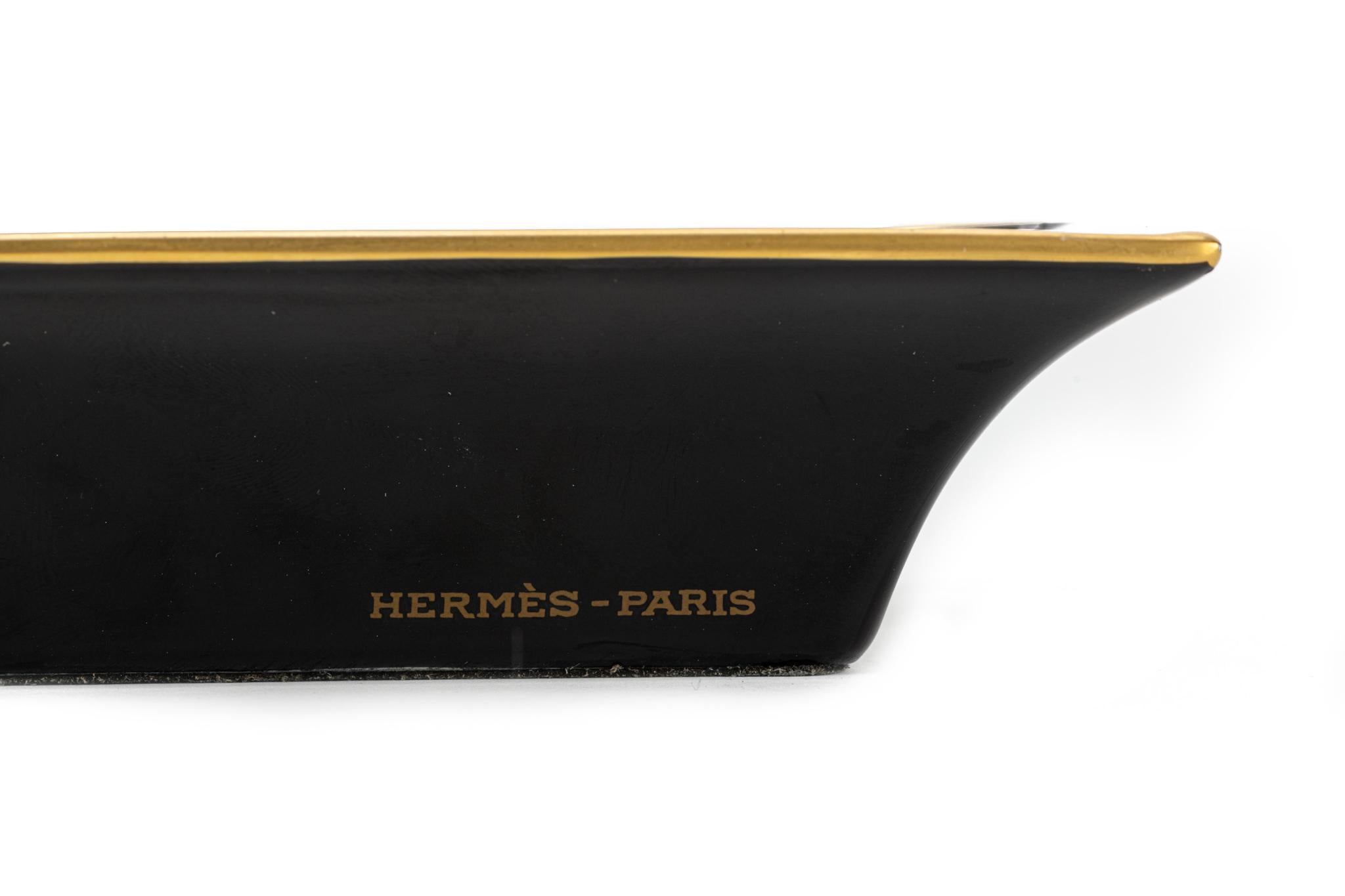 1980's Vintage Hermes Rare Black Porcelain Fan Ashtray In Excellent Condition For Sale In West Hollywood, CA