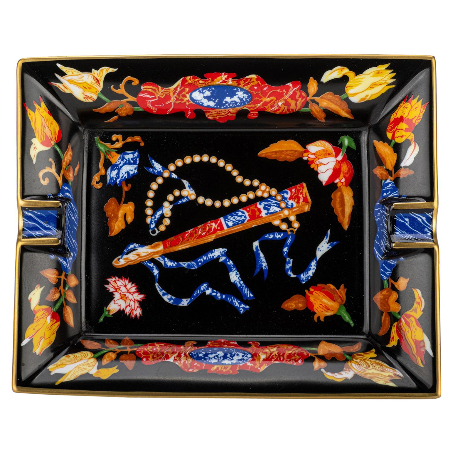 1980's Vintage Hermes Rare Black Porcelain Fan Ashtray For Sale
