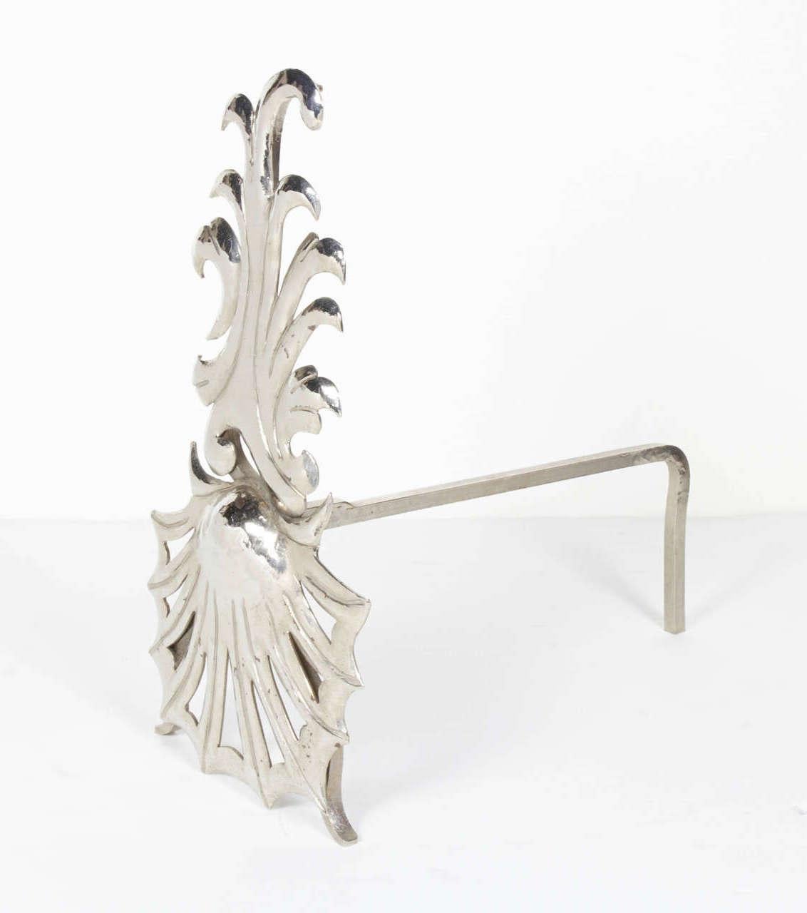 American Art Deco Coastal Andirons in Hammered Nickel Plated Iron, c. 1980's For Sale