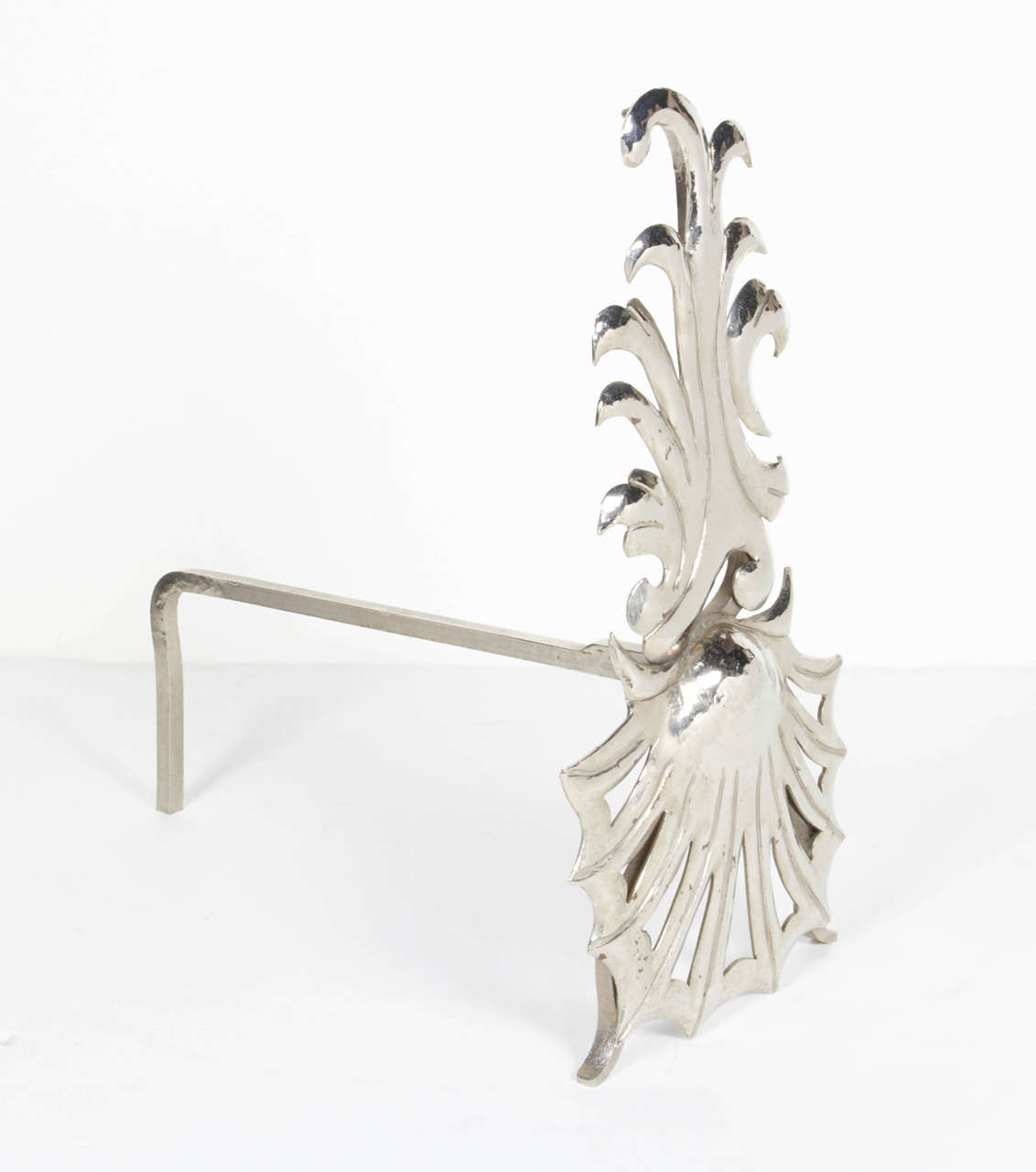Art Deco Coastal Andirons in Hammered Nickel Plated Iron, c. 1980's In Excellent Condition For Sale In Fort Lauderdale, FL