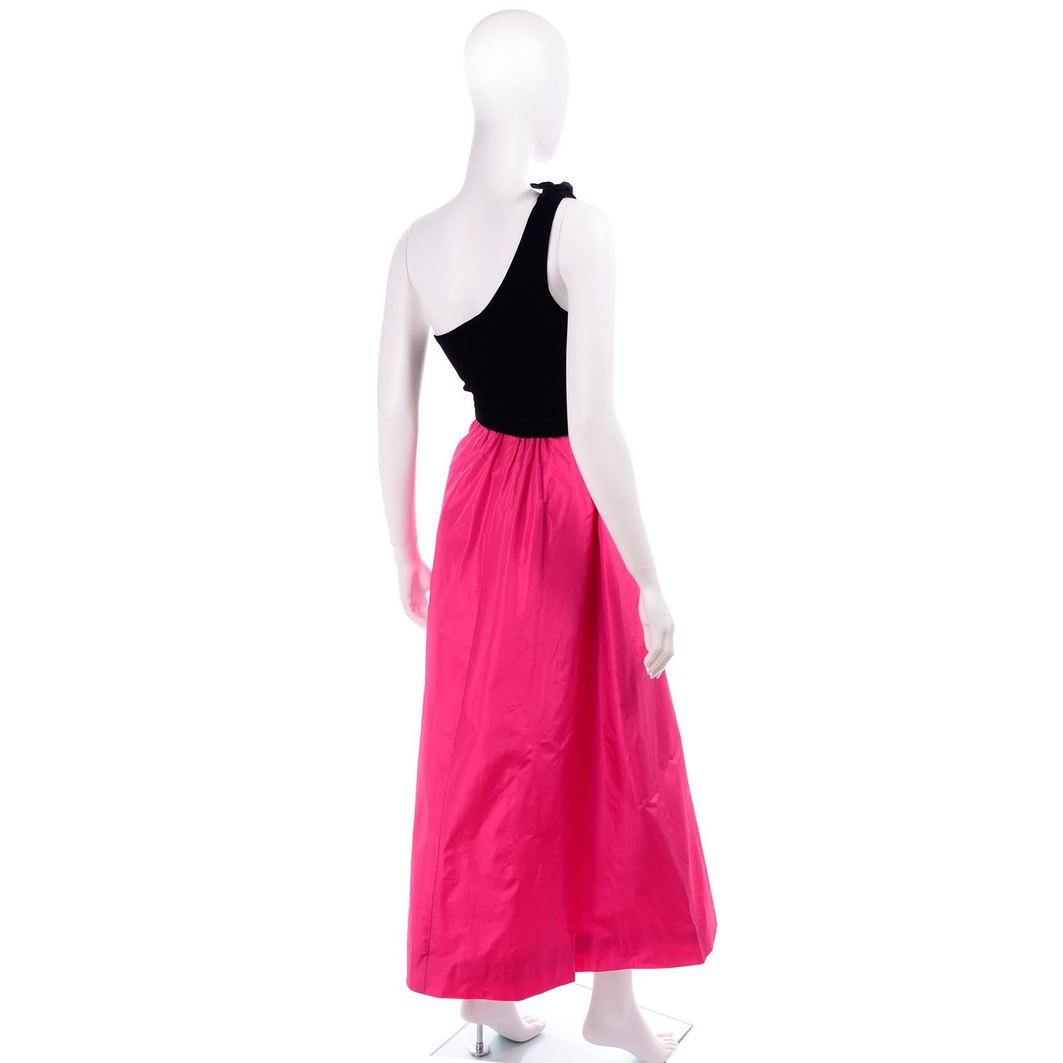 Red  1980s Vintage Hot Pink Taffeta and Black Velvet One Shoulder Evening Dress 