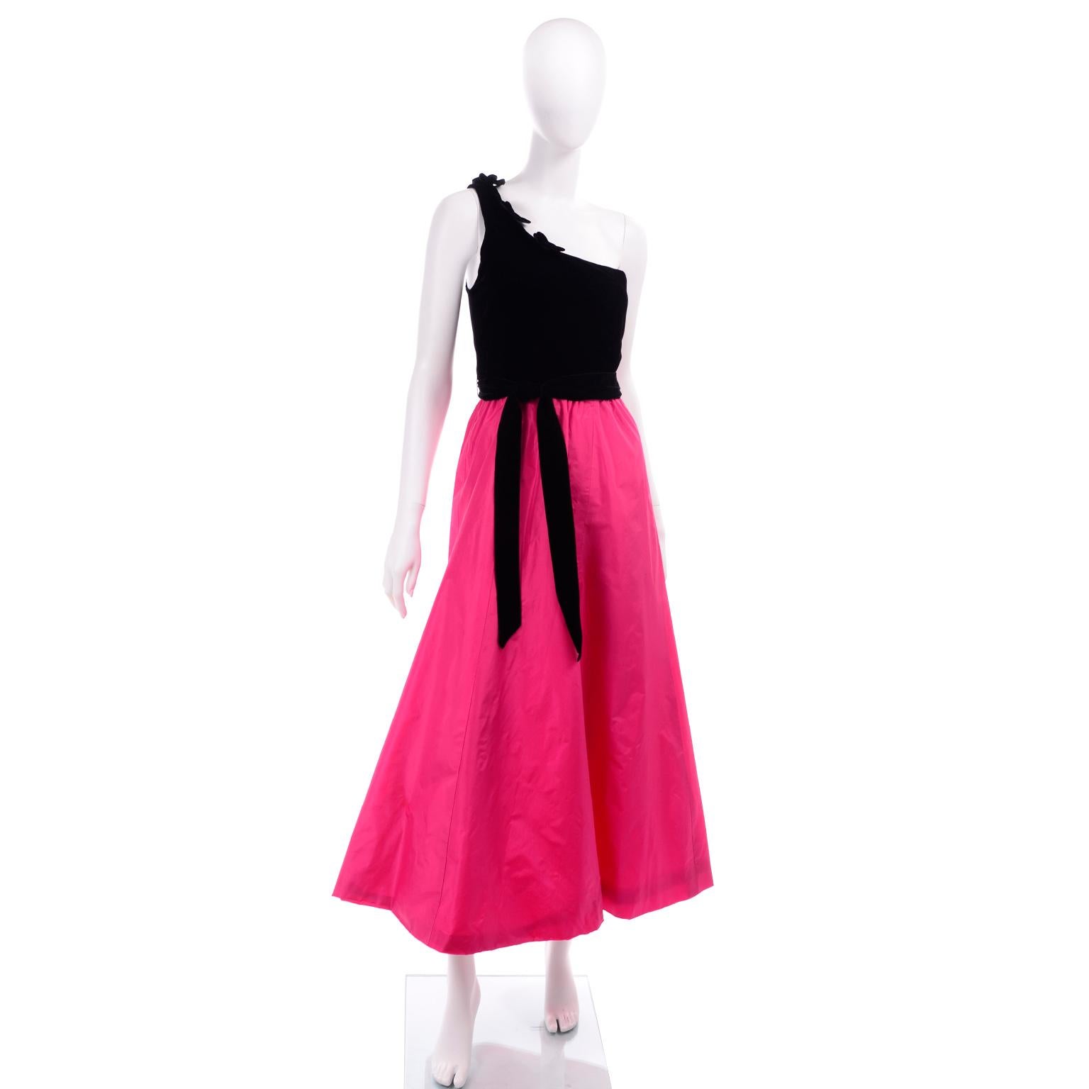  1980s Vintage Hot Pink Taffeta and Black Velvet One Shoulder Evening Dress  In Good Condition In Portland, OR