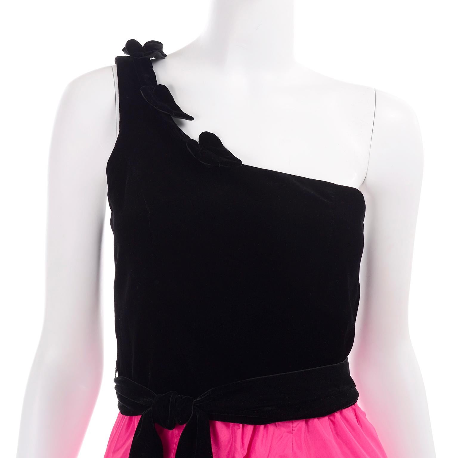 Women's  1980s Vintage Hot Pink Taffeta and Black Velvet One Shoulder Evening Dress 