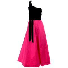  1980s Vintage Hot Pink Taffeta and Black Velvet One Shoulder Evening Dress 