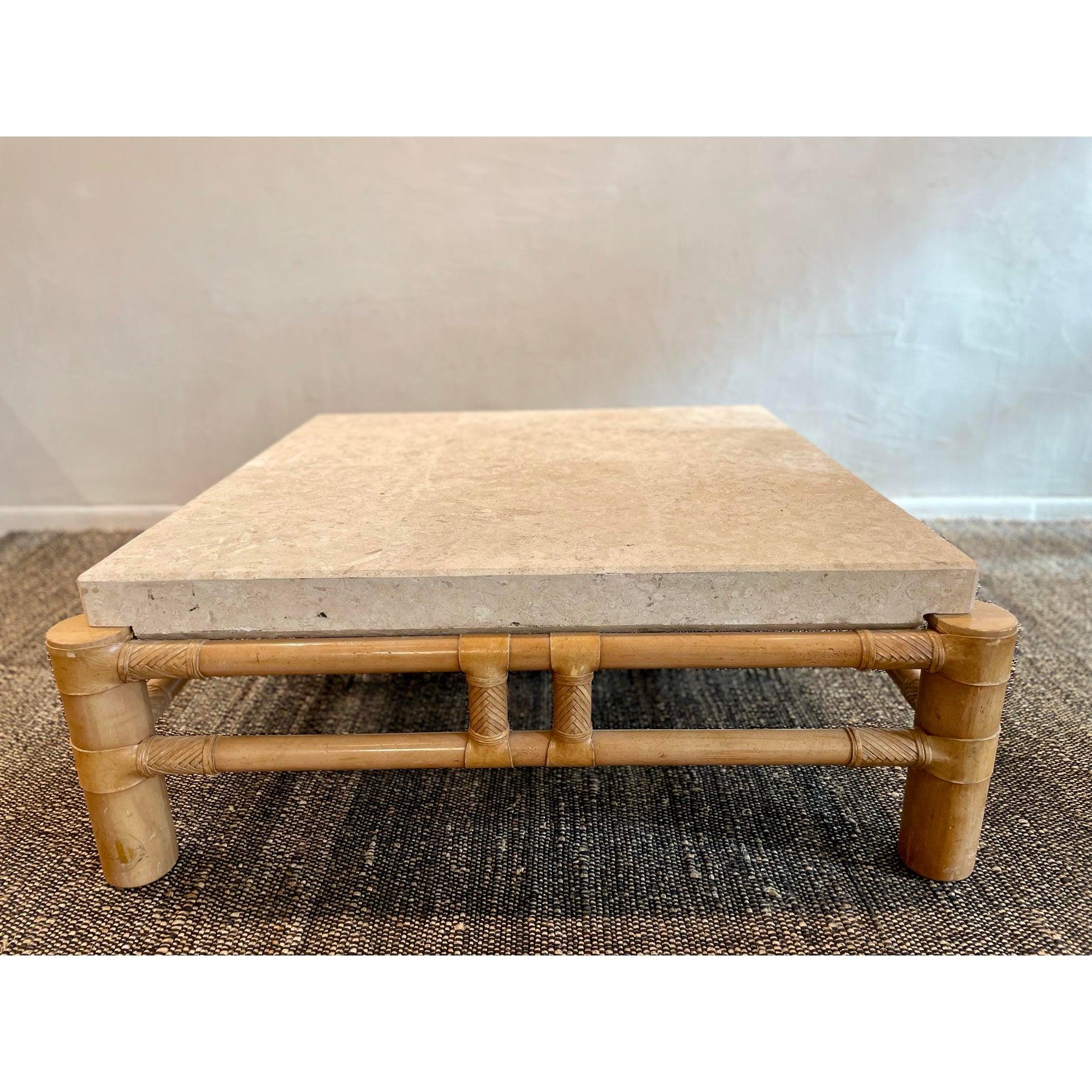 Table basse en travertin et bambou des années 1980 de style Vintage à la manière de Henredon en vente 4