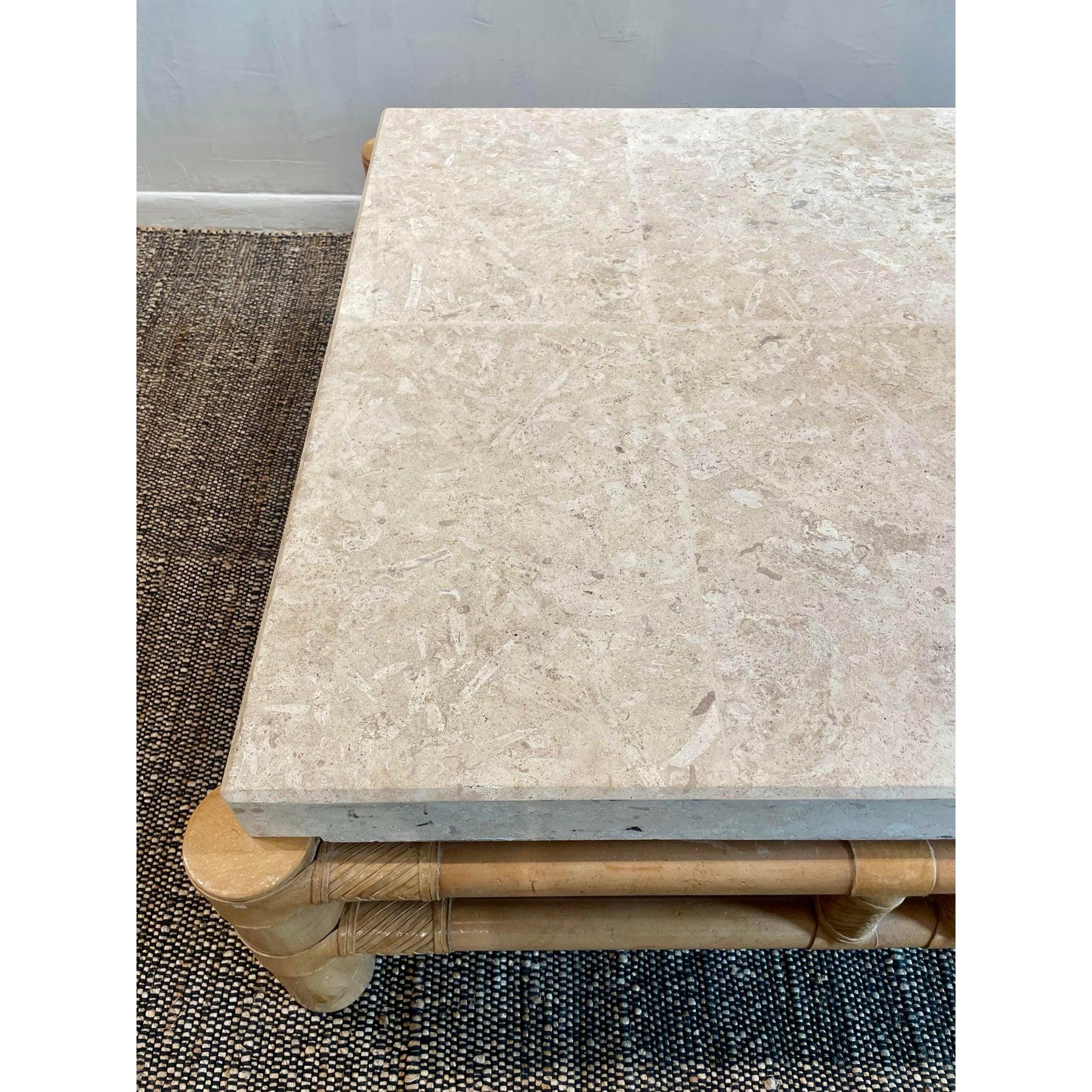 Table basse en travertin et bambou des années 1980 de style Vintage à la manière de Henredon en vente 2