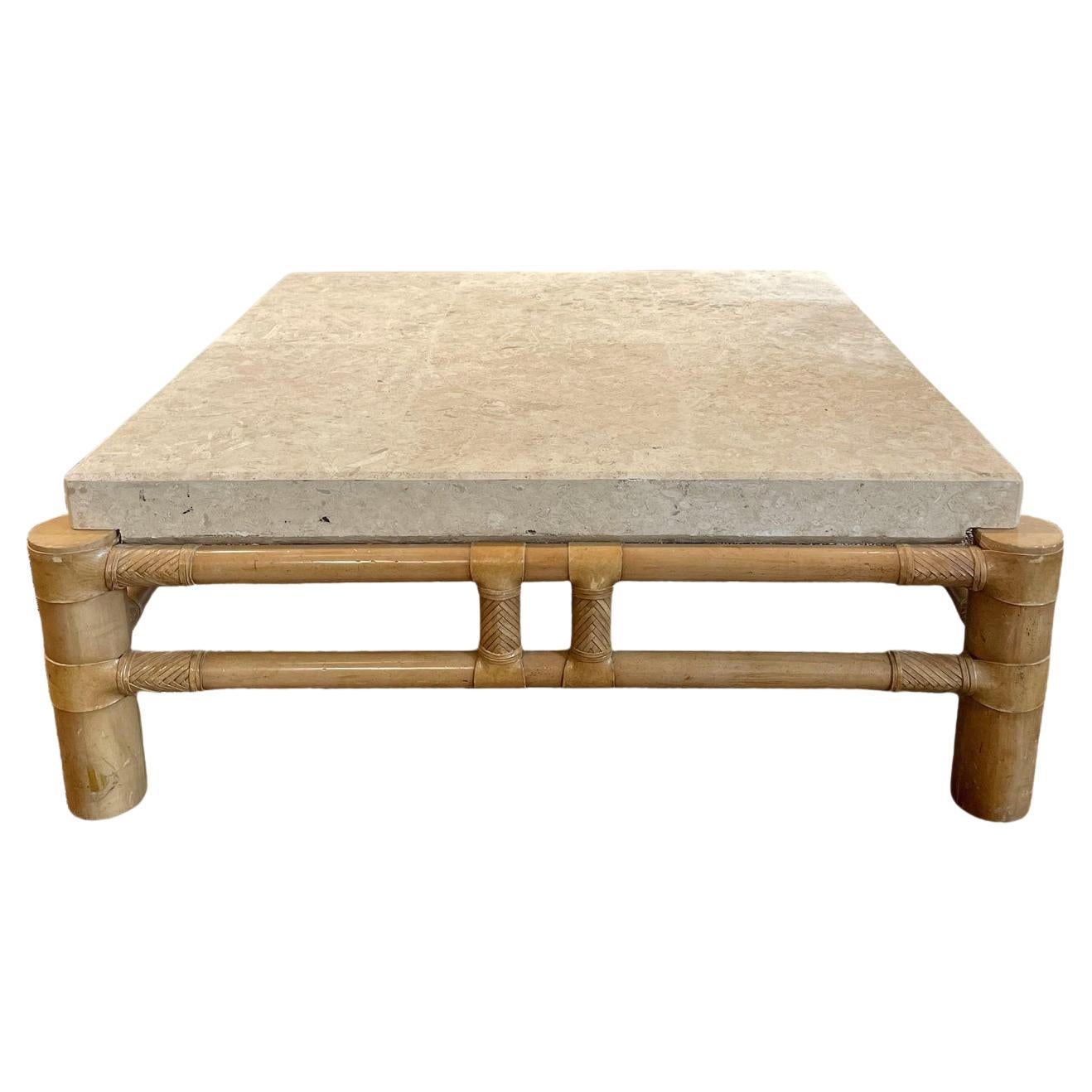 Table basse en travertin et bambou des années 1980 de style Vintage à la manière de Henredon