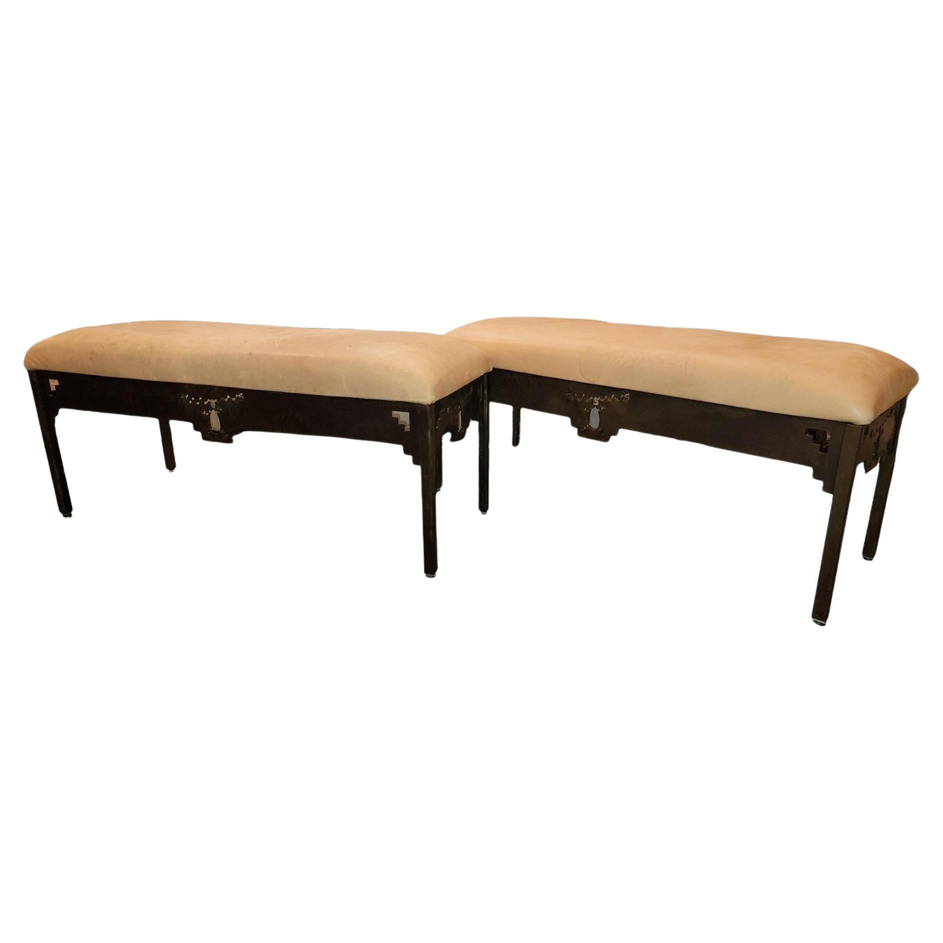 1980s Vintage Iron and Leather Benches with Cut Out Motifs - a Pair For Sale