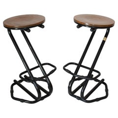 1980s Vintage Iron Stools with Wood Seat