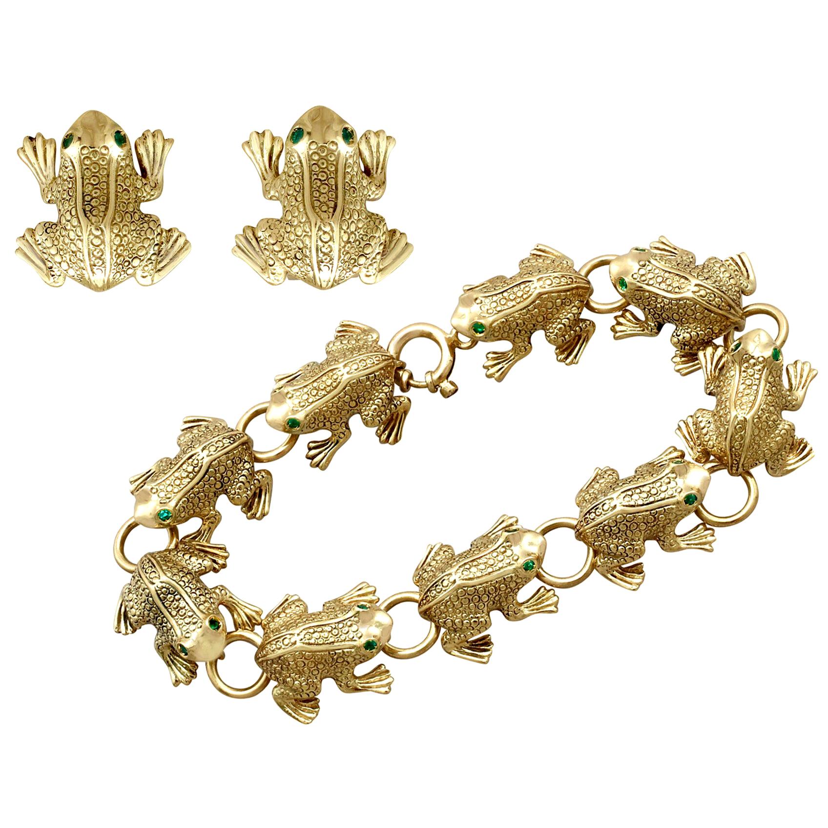 1980s Vintage Italian Emerald and Yellow Gold Frog Jewelry Set