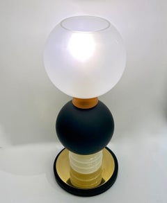 1980s Vintage Italian Pair of Frosted White Matte Black Glass Sphere Table Lamps