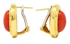 1980's Vintage Italian Red Jasper 18 Karat Yellow Gold Cabochon Earrings