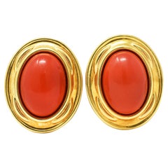 1980's Vintage Italian Red Jasper 18 Karat Yellow Gold Cabochon Earrings