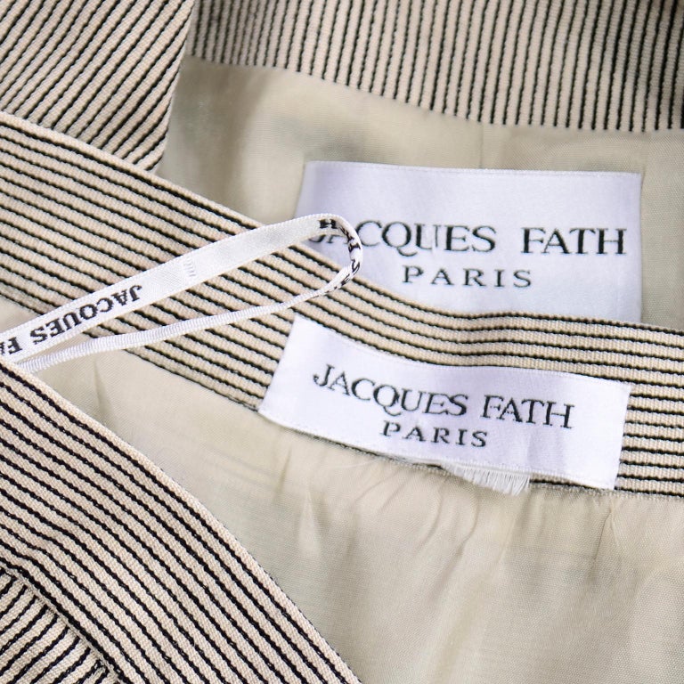 Spring 1994 Vintage Jacques Fath Black and White Striped Skirt & Jacket Suit For Sale 5