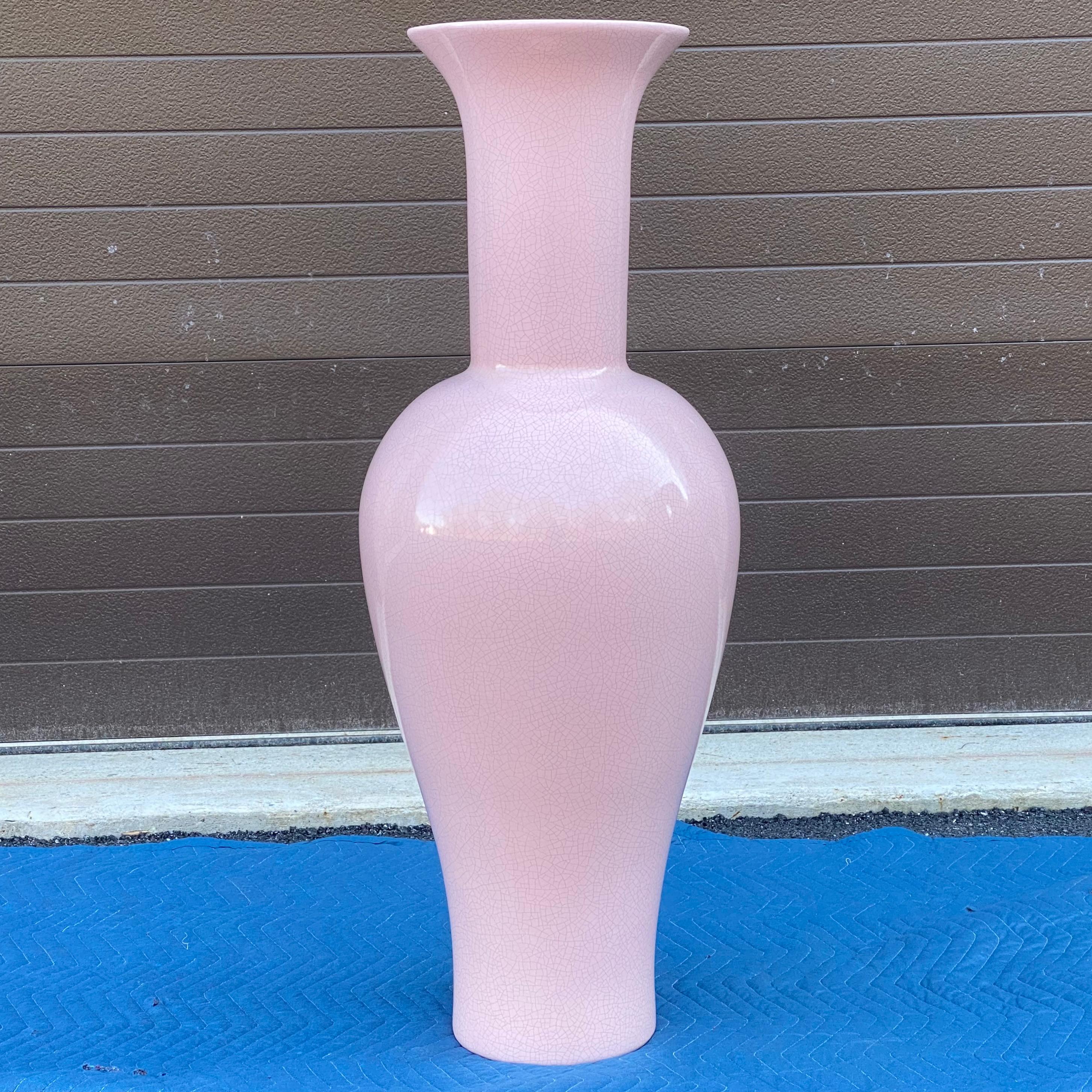 A fantastic artisan made huge ceramic vase fired in a pink crackle glaze finish by the California pottery company Jaru.