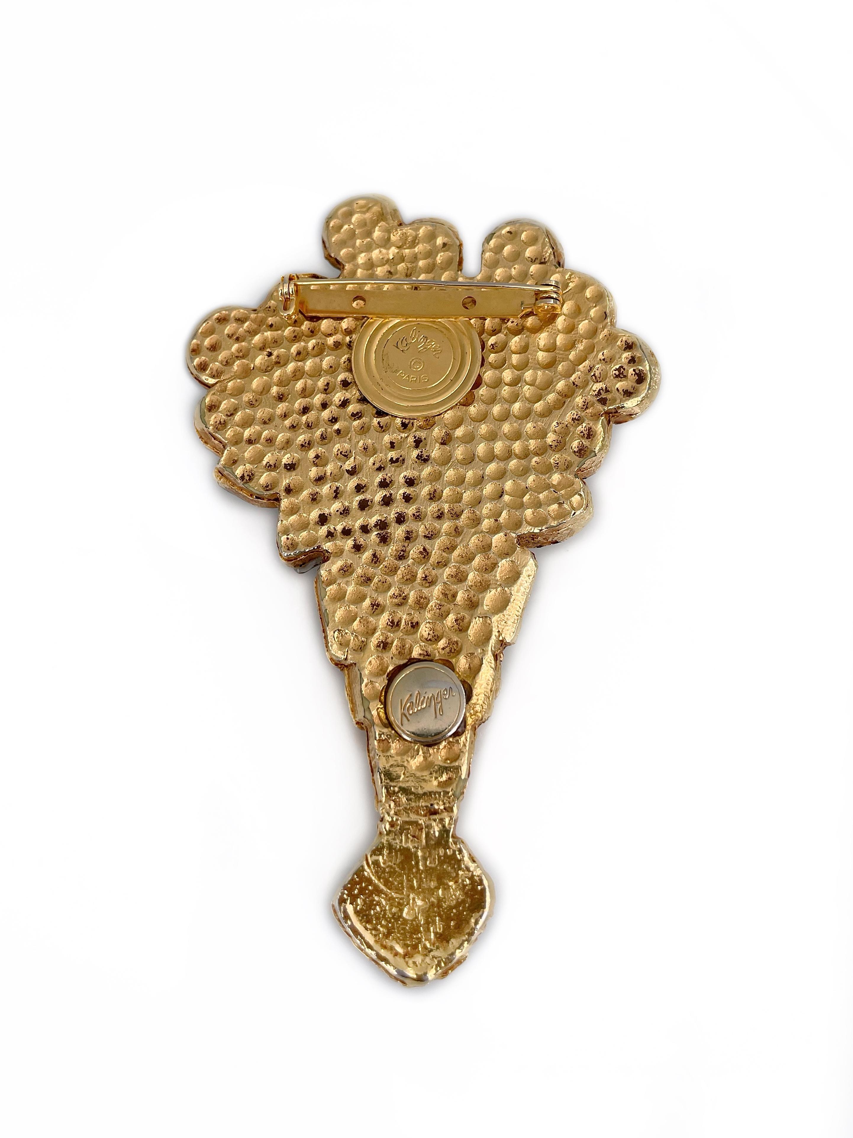 Women's or Men's 1980s Vintage Kalinger Paris Gold Tone Crystal Resin Bunch Of Flowers Pin Brooch For Sale