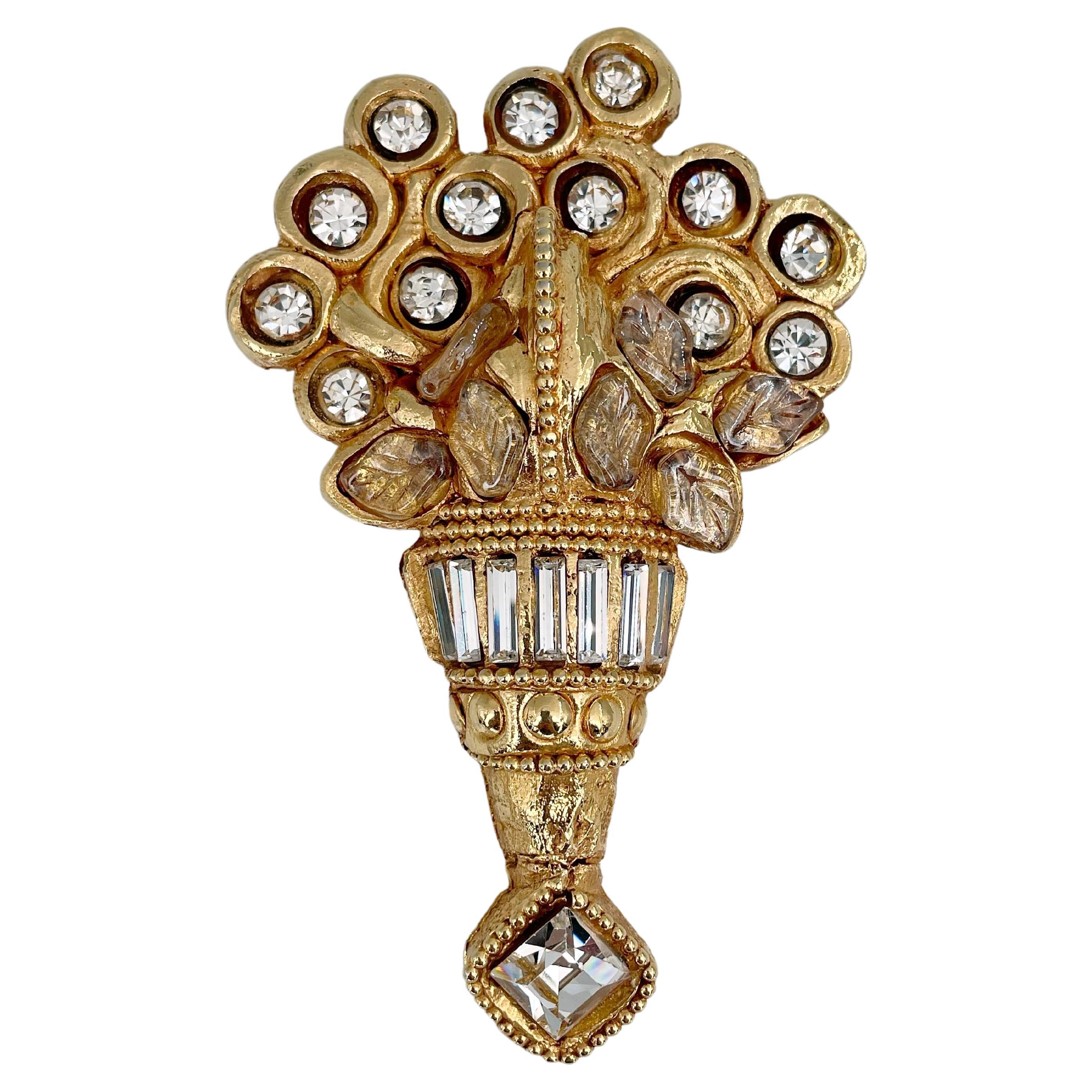 1980s Vintage Kalinger Paris Gold Tone Crystal Resin Bunch Of Flowers Pin Brooch For Sale