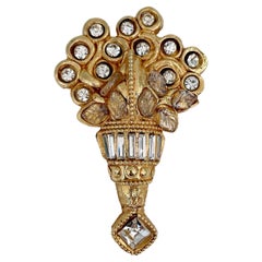 1980s Retro Kalinger Paris Gold Tone Crystal Resin Bunch Of Flowers Pin Brooch