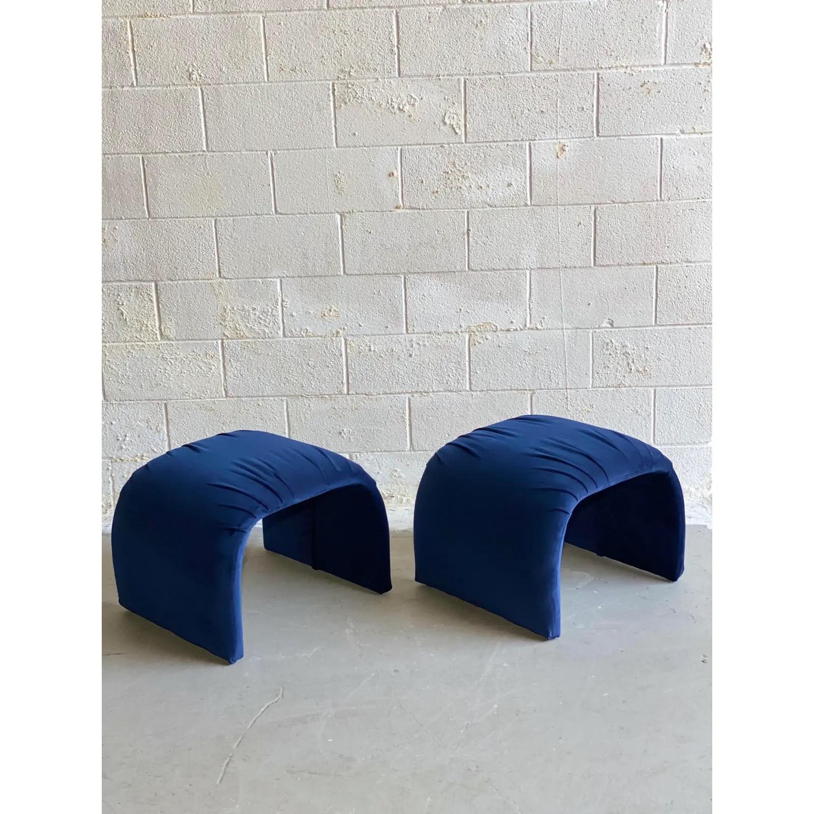 Mid-Century Modern 1980s Vintage Waterfall Blue Upholstered Ottomans, a Pair For Sale