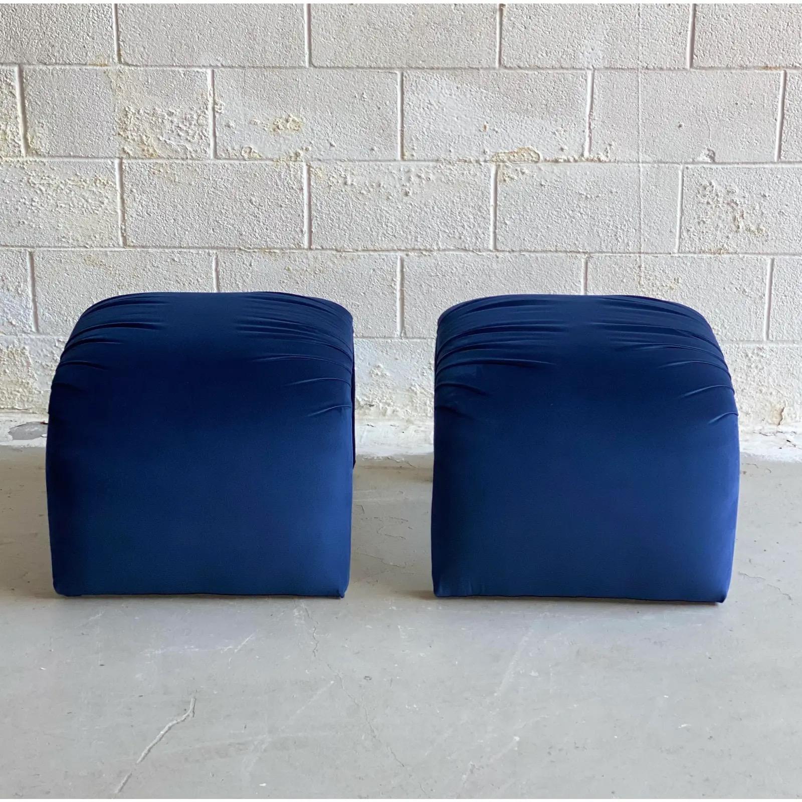North American 1980s Vintage Waterfall Blue Upholstered Ottomans, a Pair For Sale