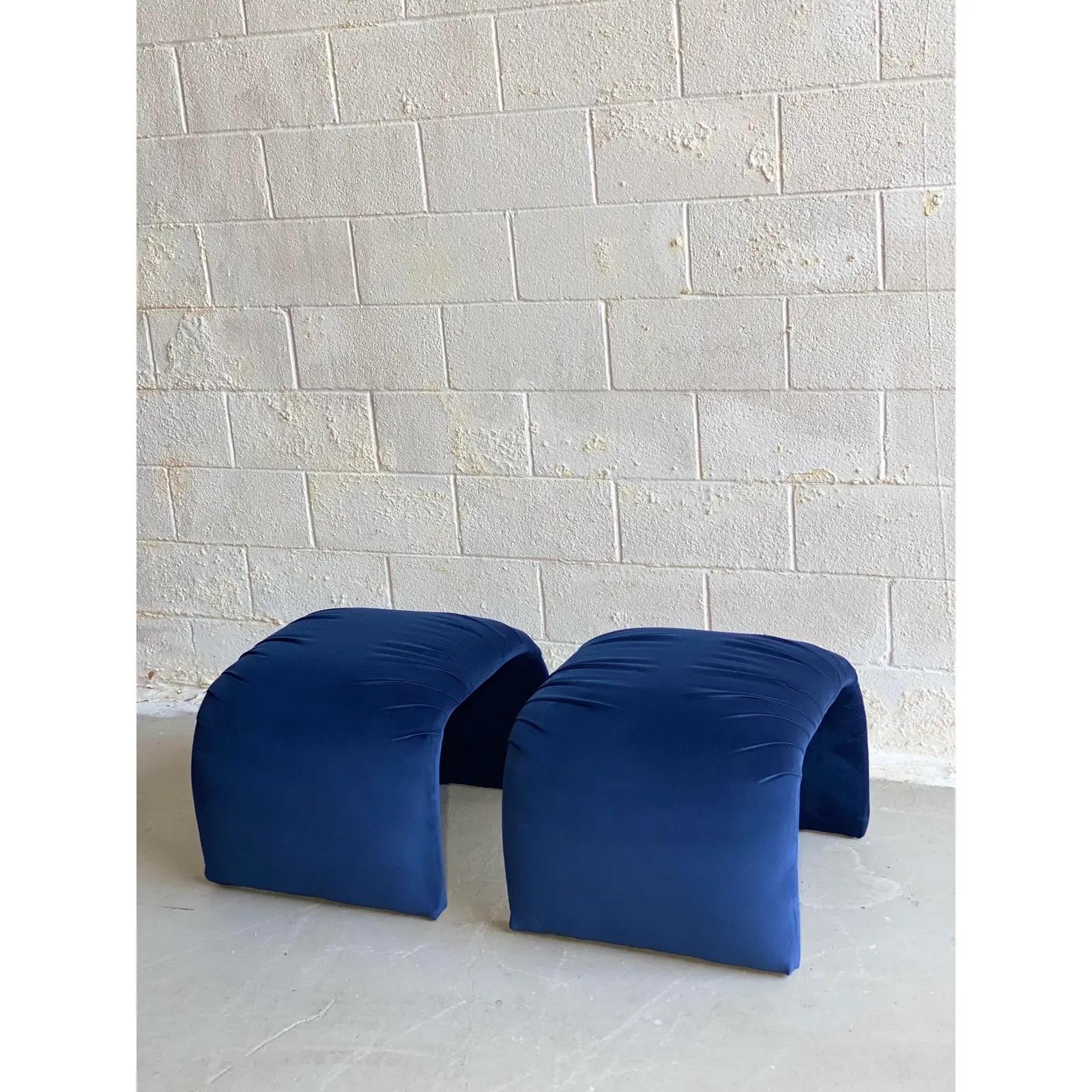 Late 20th Century 1980s Vintage Waterfall Blue Upholstered Ottomans, a Pair For Sale