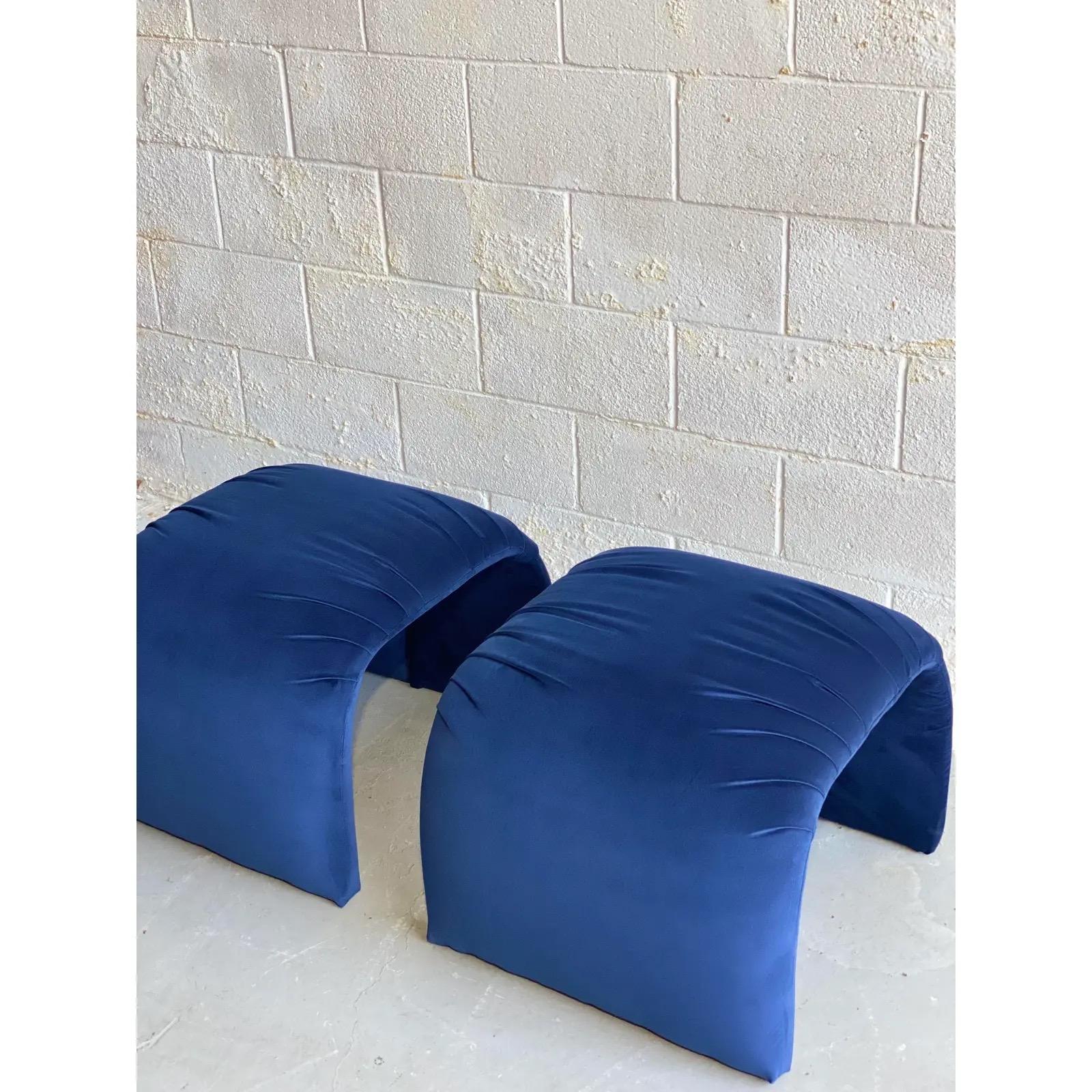 Fabric 1980s Vintage Waterfall Blue Upholstered Ottomans, a Pair For Sale