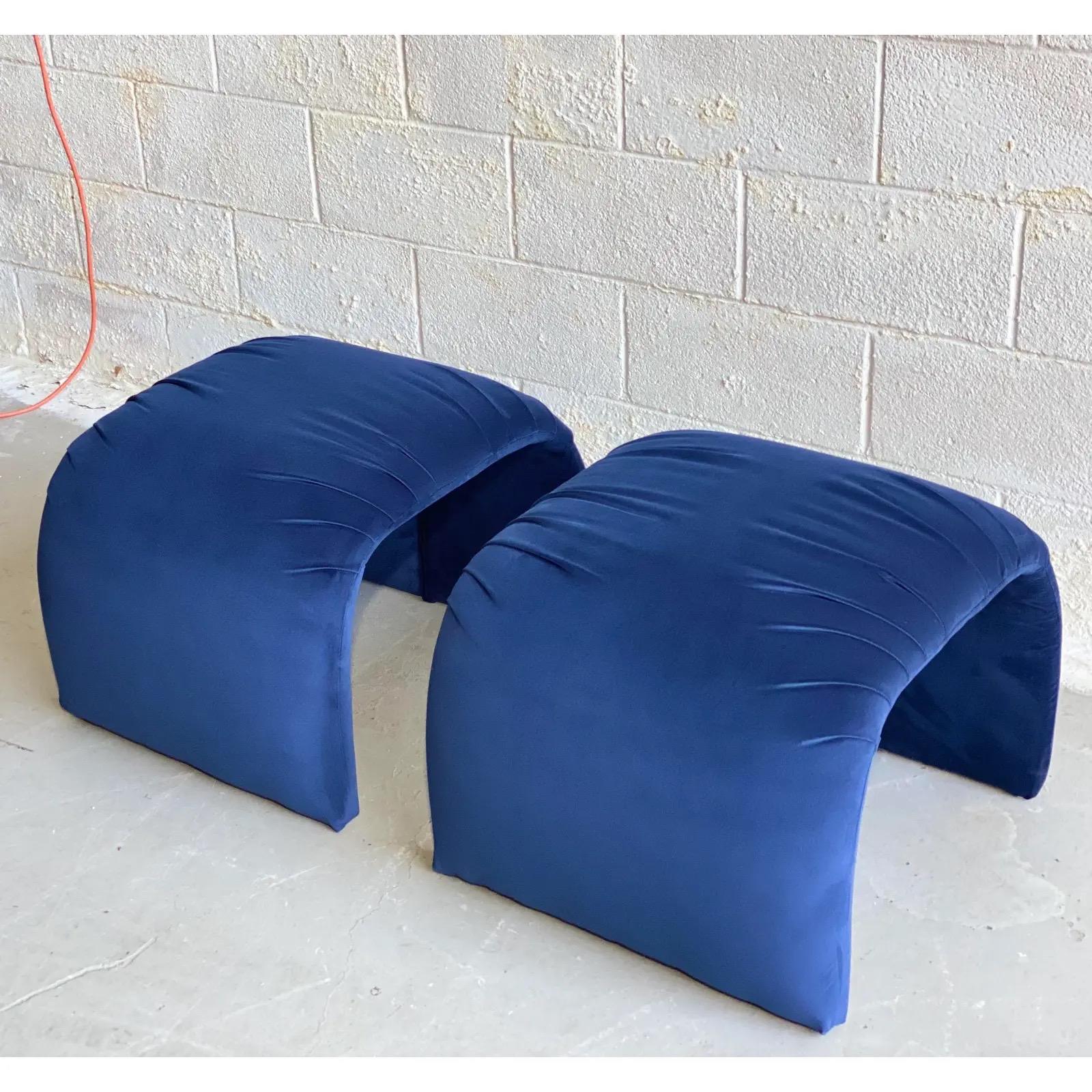 1980s Vintage Waterfall Blue Upholstered Ottomans, a Pair For Sale 1