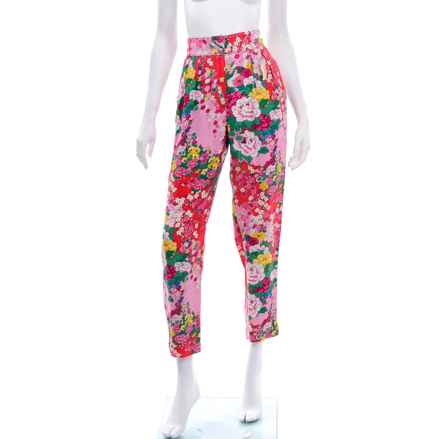 These are incredible vintage 1980's Kenzo Paris pants in a gorgeous red, pink, white, yellow, green and blue Japanese inspired floral silk print. Purchased at Woodward & Lothrop, these were never worn and still have the department store tag.