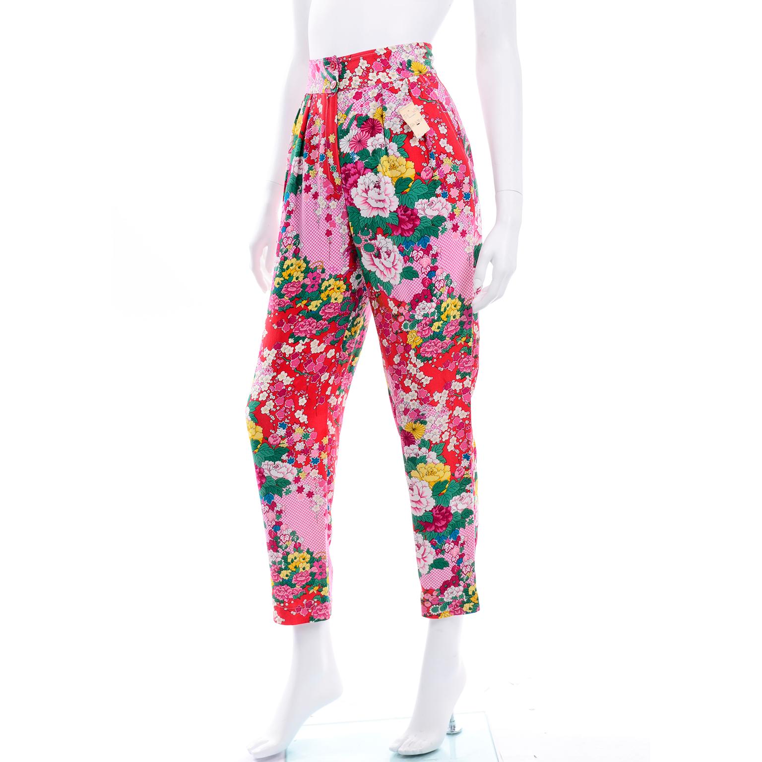 Beige 1980s Vintage Kenzo Deadstock Pink & Red Floral High Waisted Pants W Tag