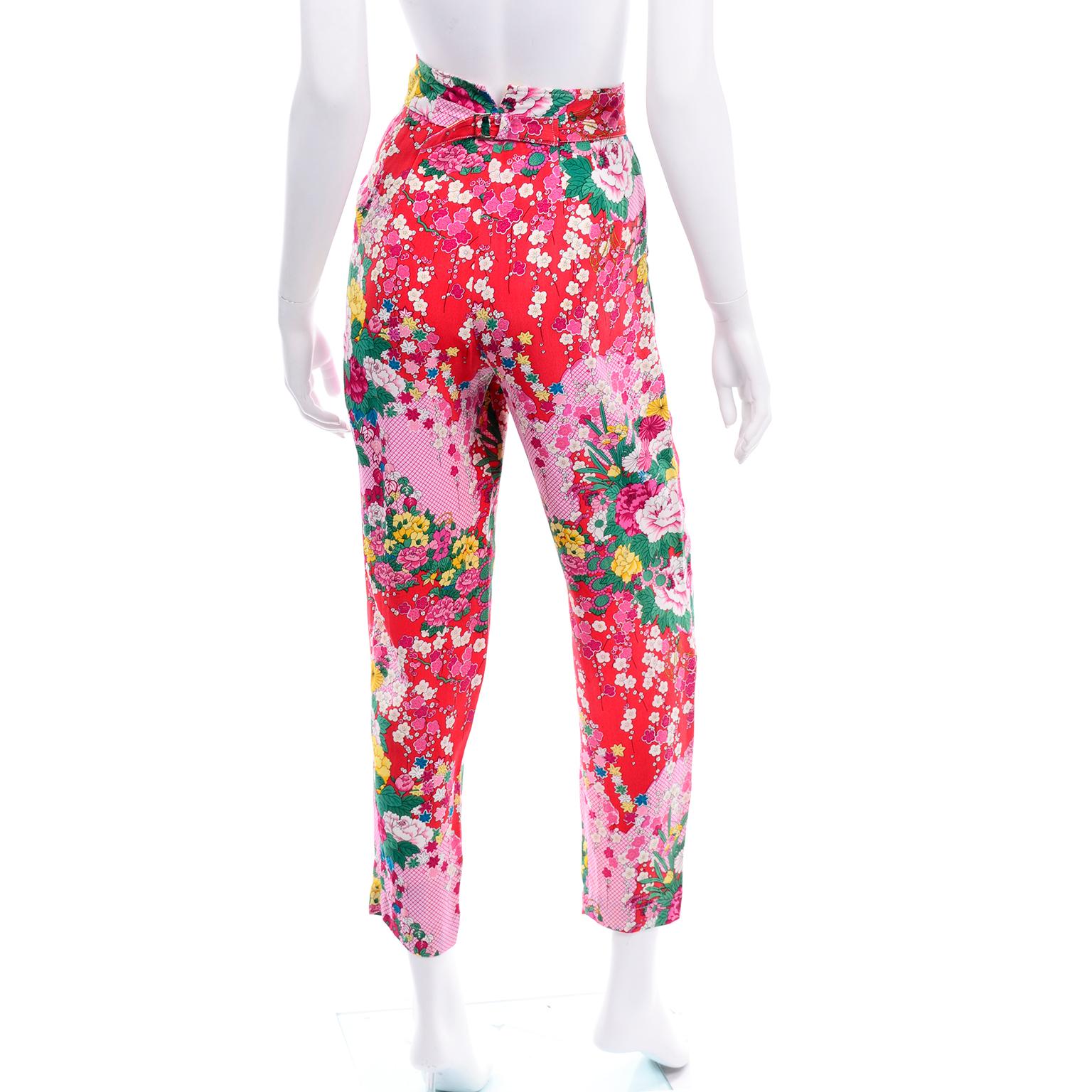 1980s Vintage Kenzo Deadstock Pink & Red Floral High Waisted Pants W Tag In New Condition In Portland, OR