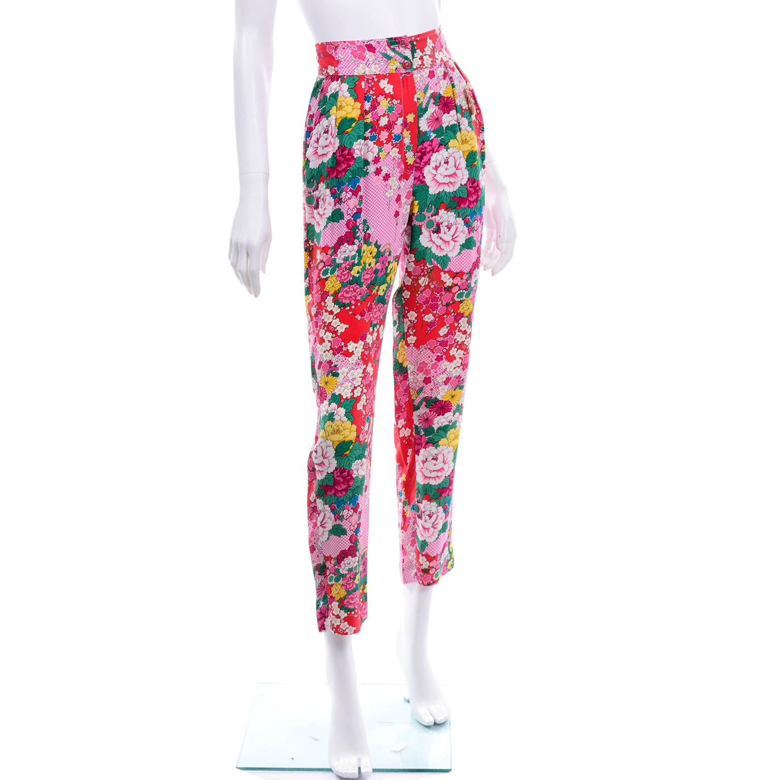 Women's 1980s Vintage Kenzo Deadstock Pink & Red Floral High Waisted Pants W Tag