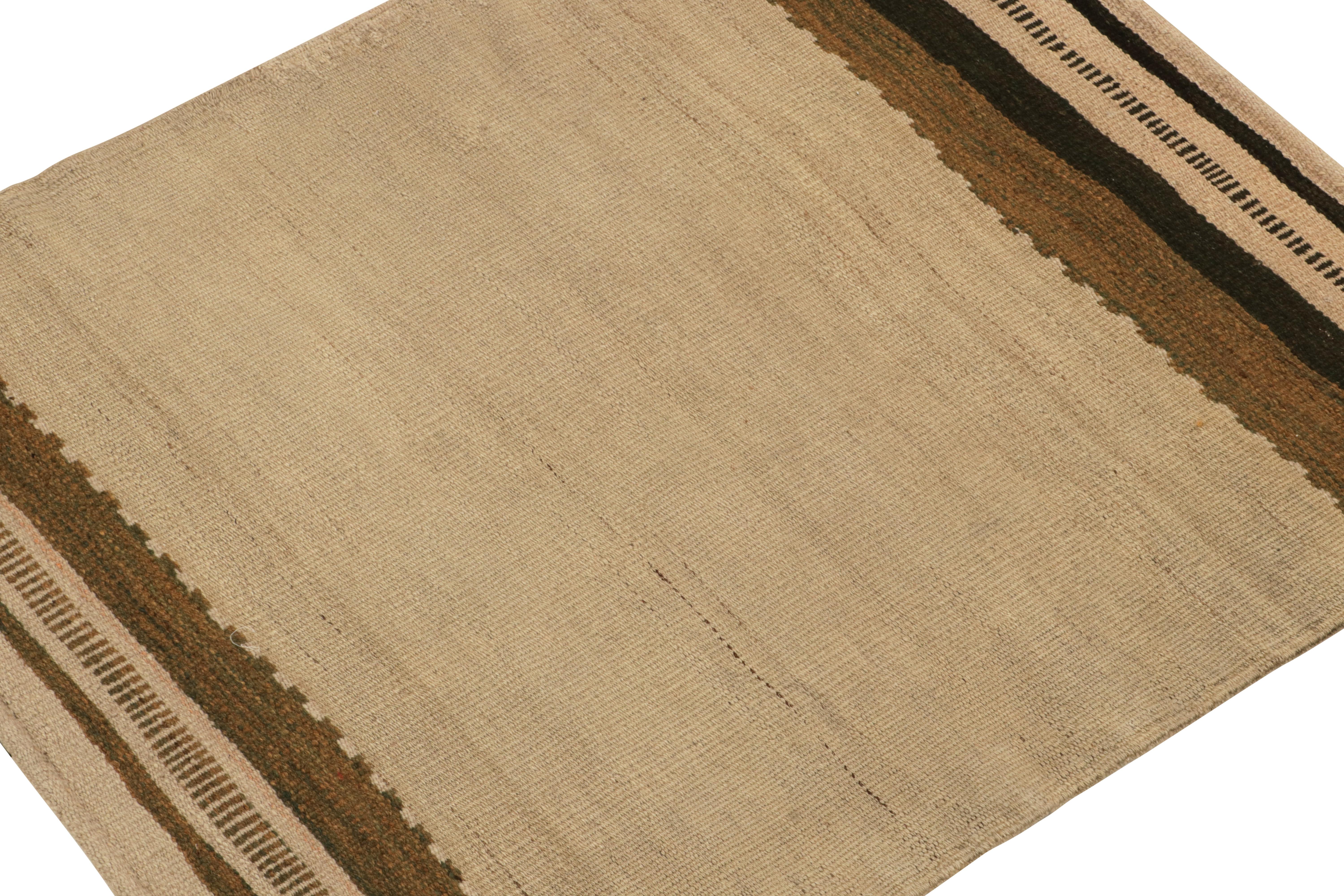 Persian 1980s Vintage Kilim Sofreh rug in Beige-Brown Striped Border by Rug & Kilim For Sale